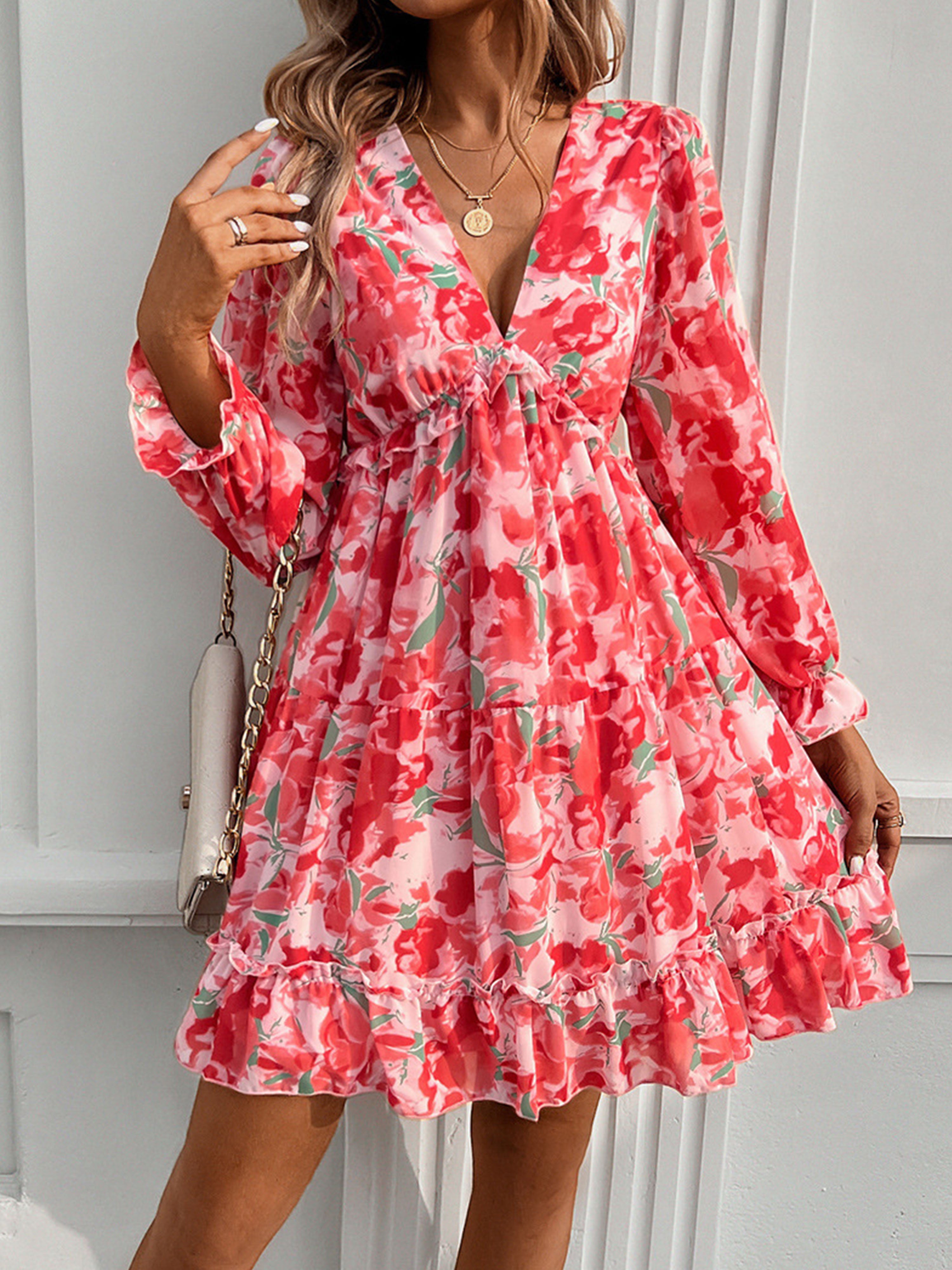 V Neck Red A Line Long Sleeves Short Floral Wedding Guest Dress