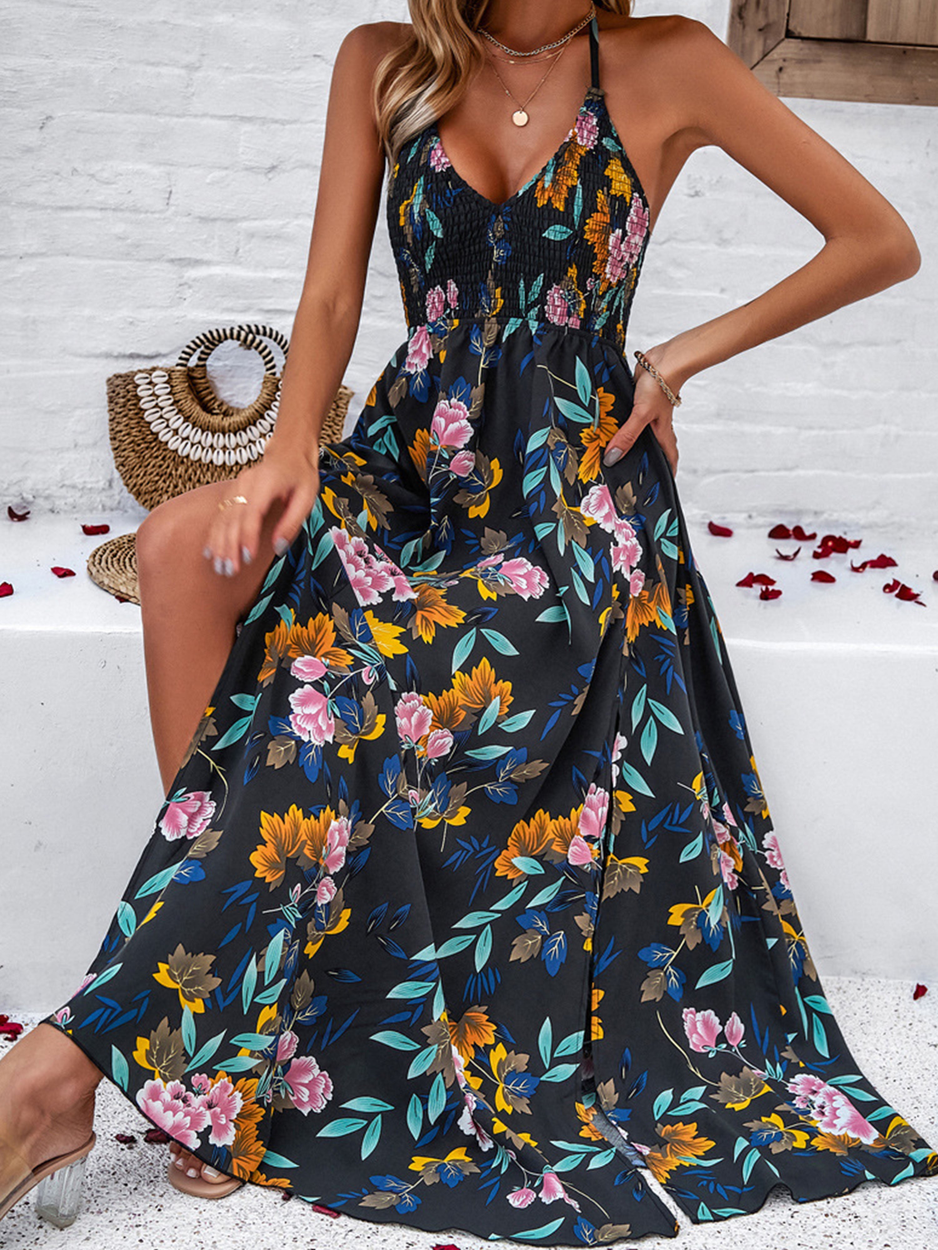 Casual Spaghetti Straps Long Floral Black Wedding Guest Dress