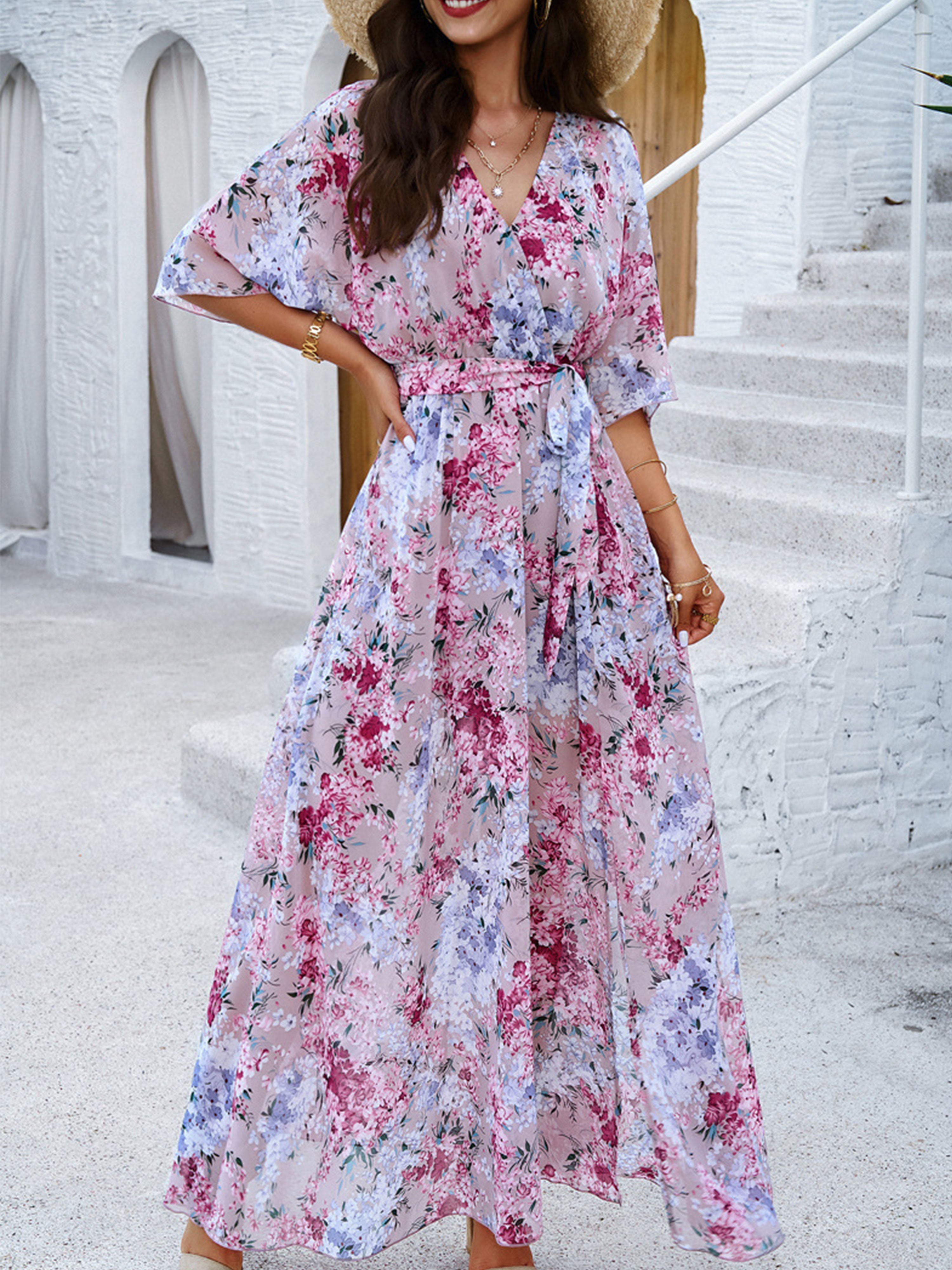 Half Sleeves V Neck A Line Strappy Waisted Pink Wedding Guest Dress With Split