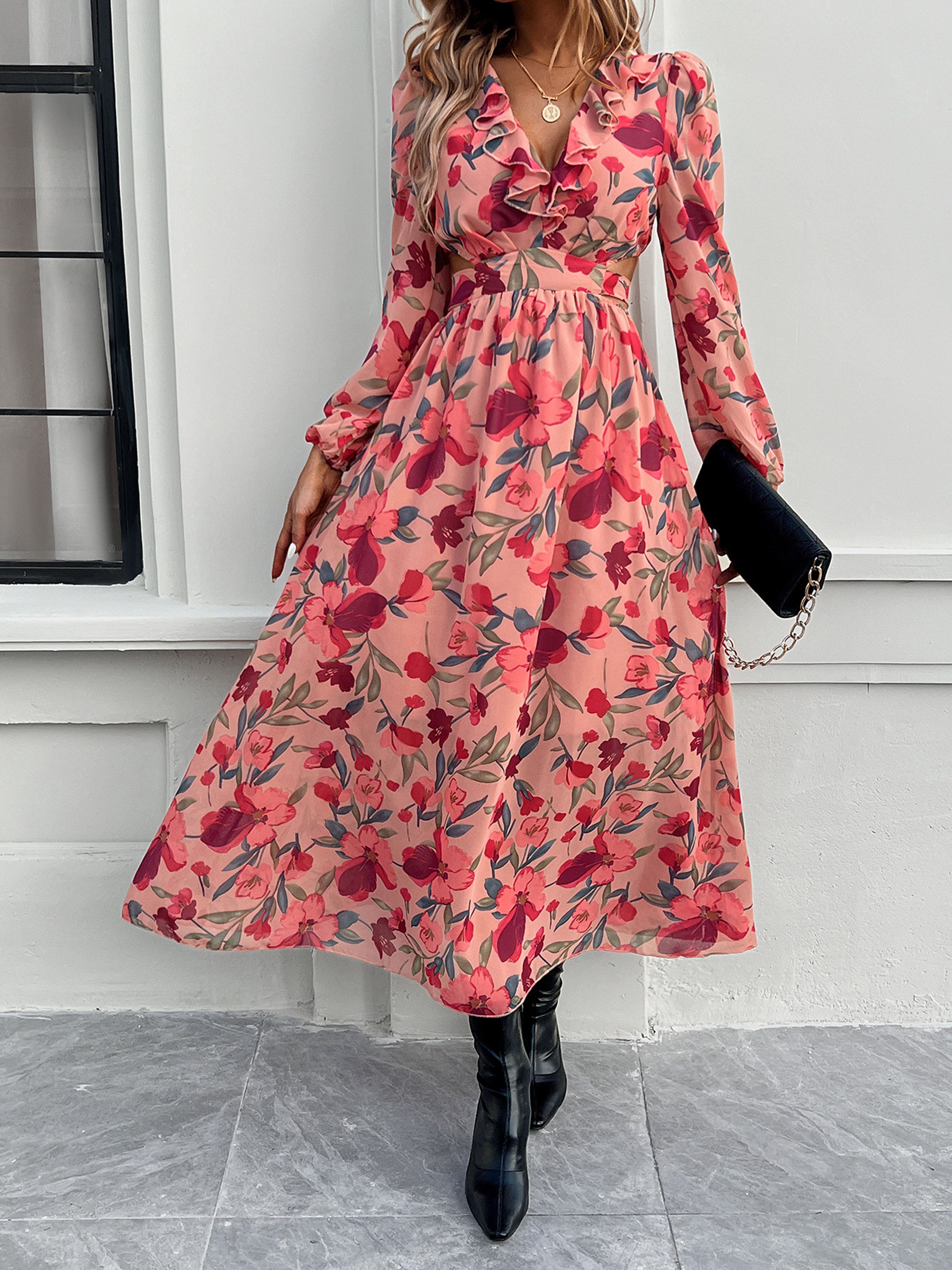 Floral V-Neck Watermelon Long Sleeves A Line Wedding Guest Dress