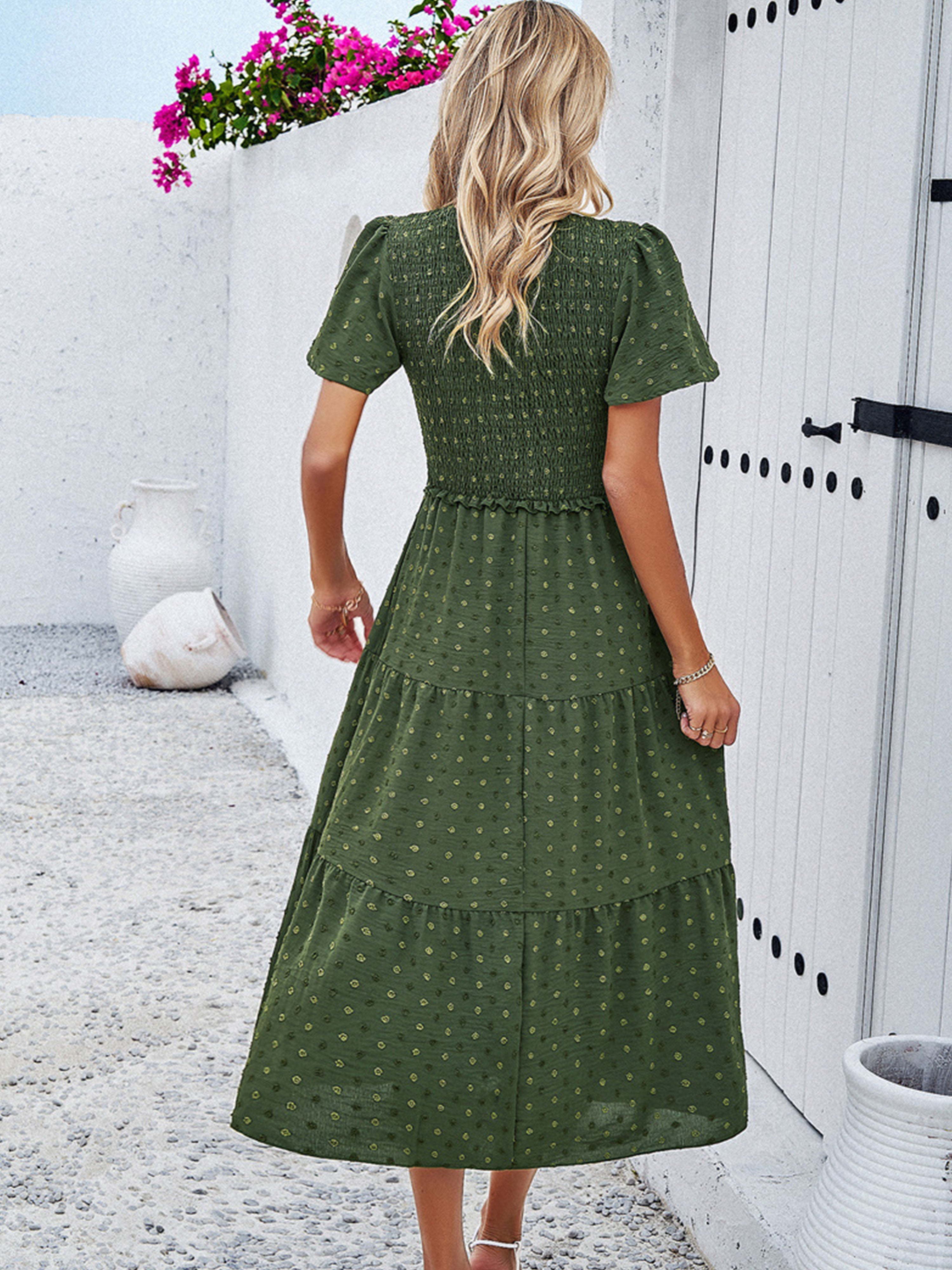 Casual Polka Dot V-Neck Short Sleeves Dark Olive Green Wedding Guest Dress