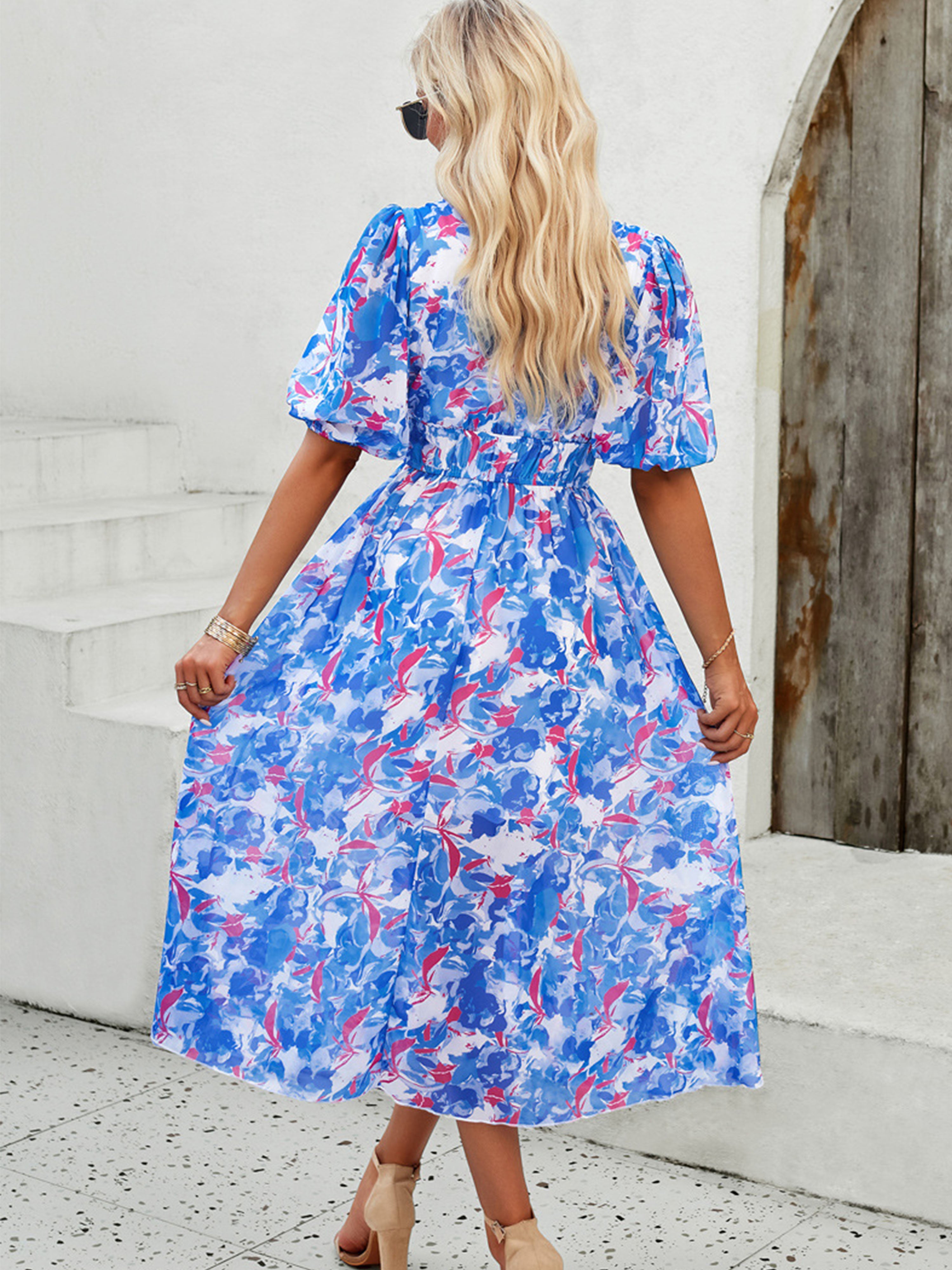 A Line Strappy Waisted Sleeves V Neck Blue Wedding Guest Dress