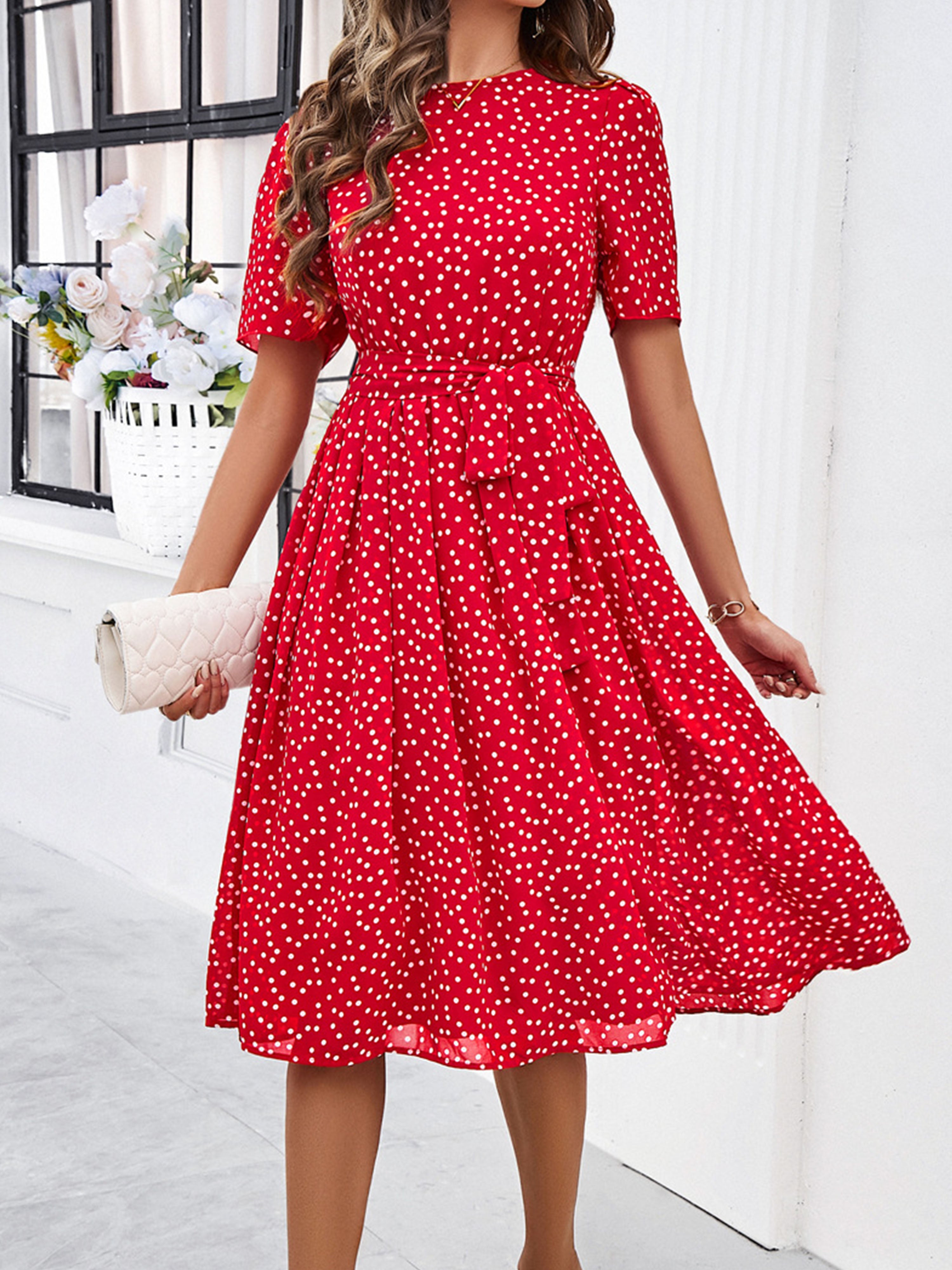 Casual Polka Dot Cowl Short Sleeves Red Wedding Guest Dress With Belt