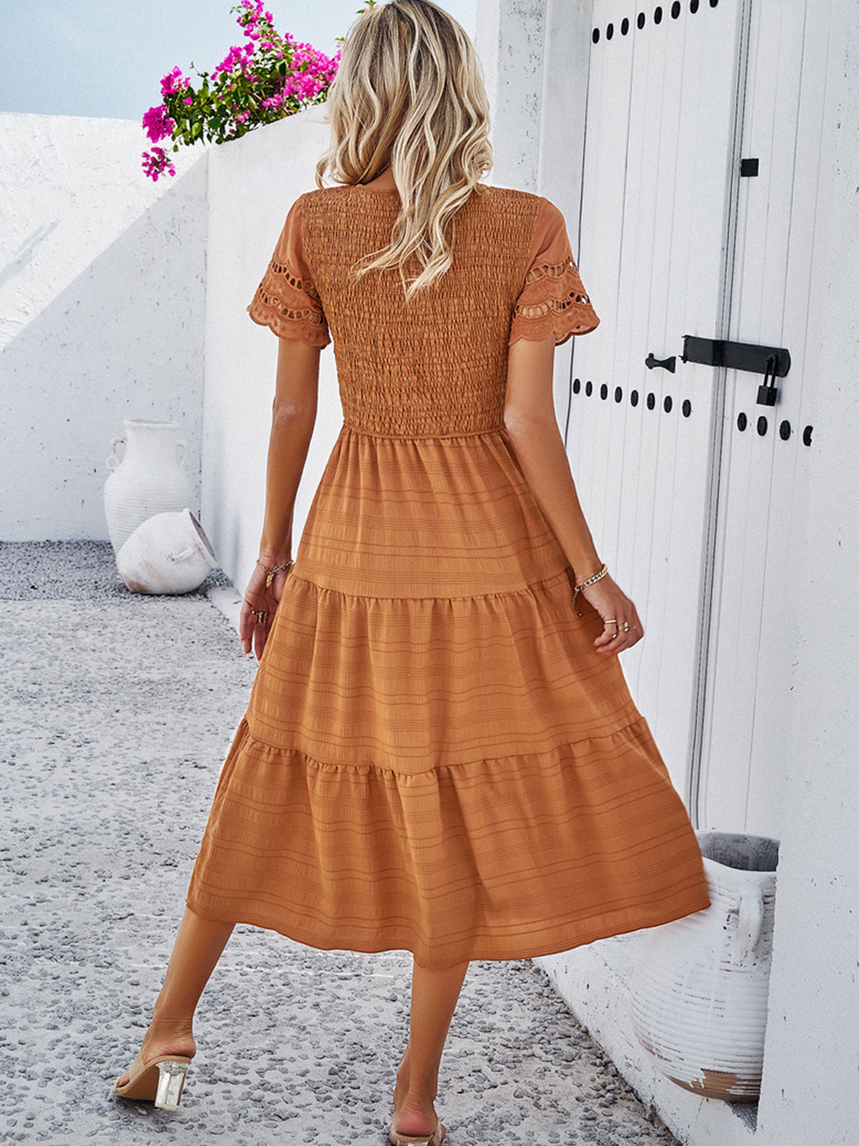Terracotta Orange Solid Color A Line Round Neck Sleeves Wedding Guest Dress