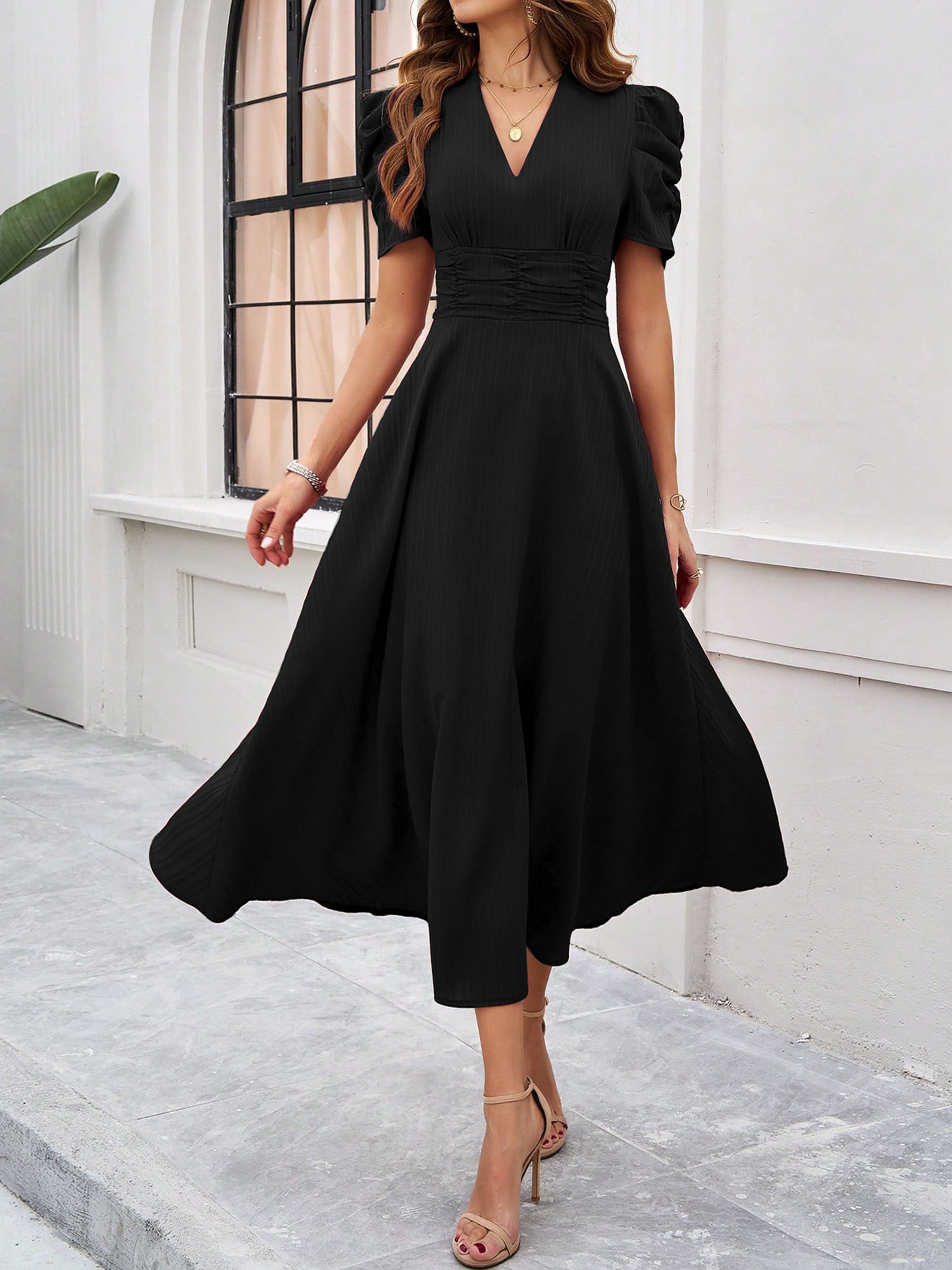 Elegant Empire Waist A Line Sleeves Black Wedding Guest Dress