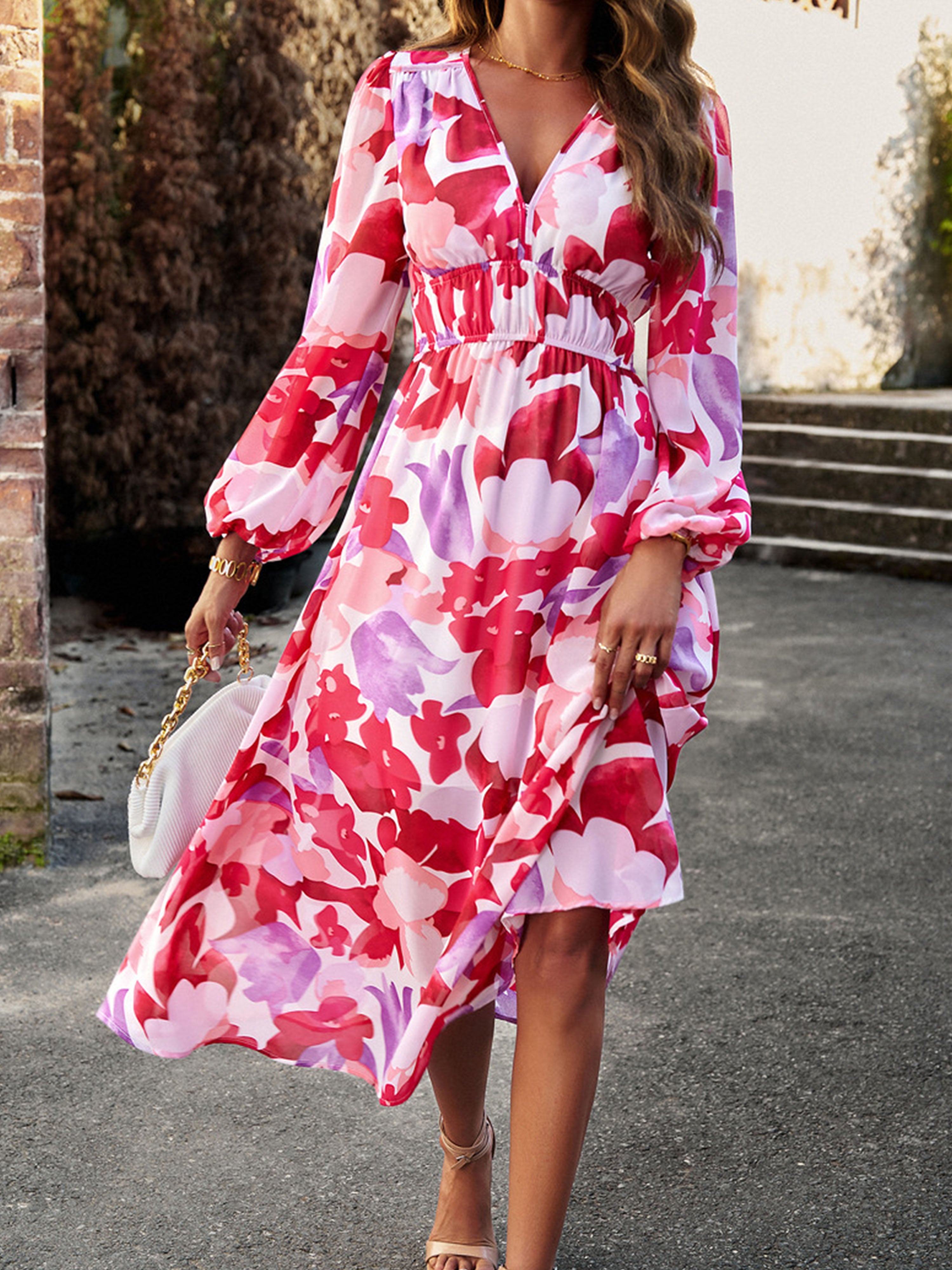 V Neck A Line Long Sleeves Casual Printed Red Wedding Guest Dress