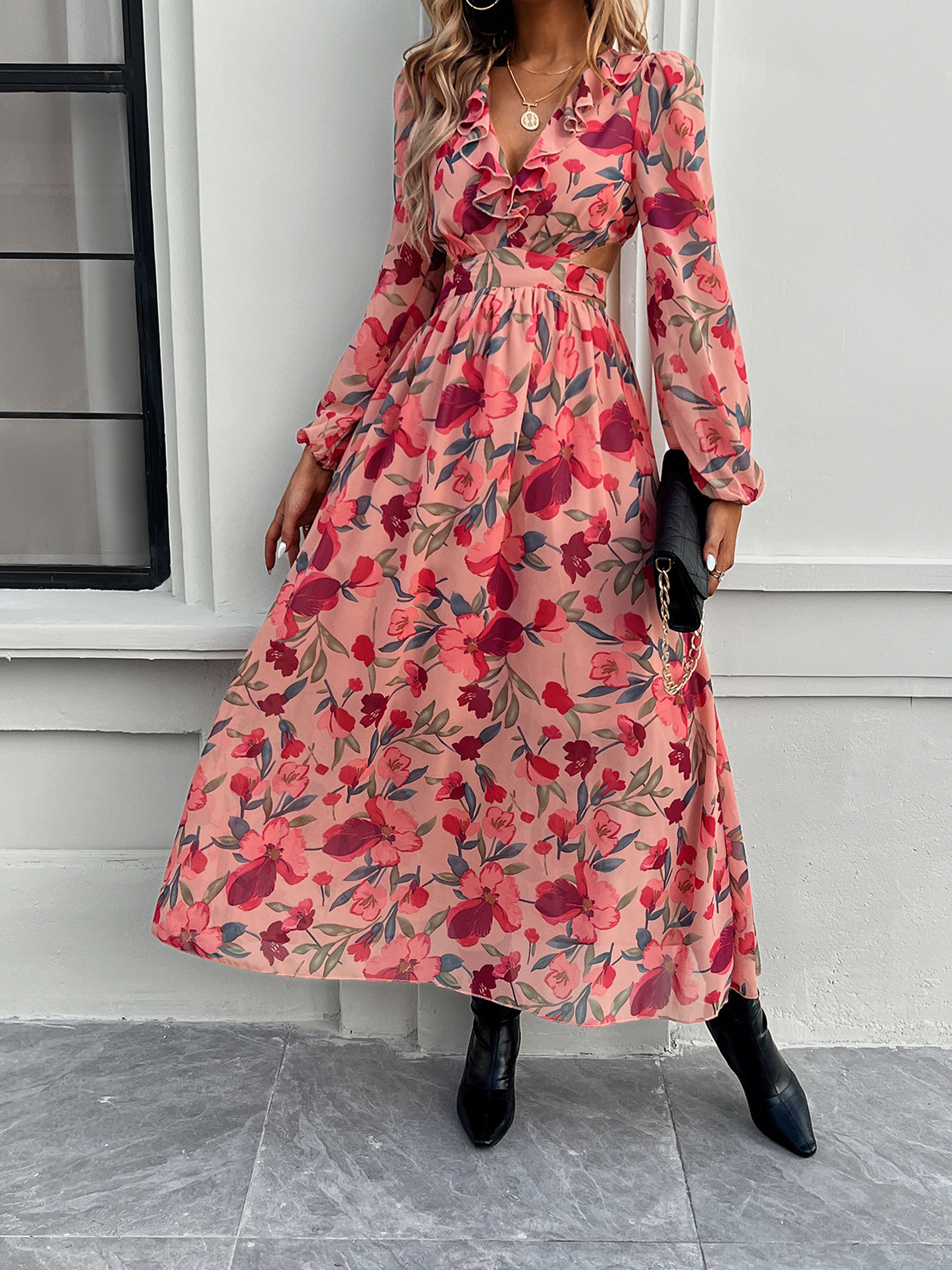 Floral V-Neck Watermelon Long Sleeves A Line Wedding Guest Dress