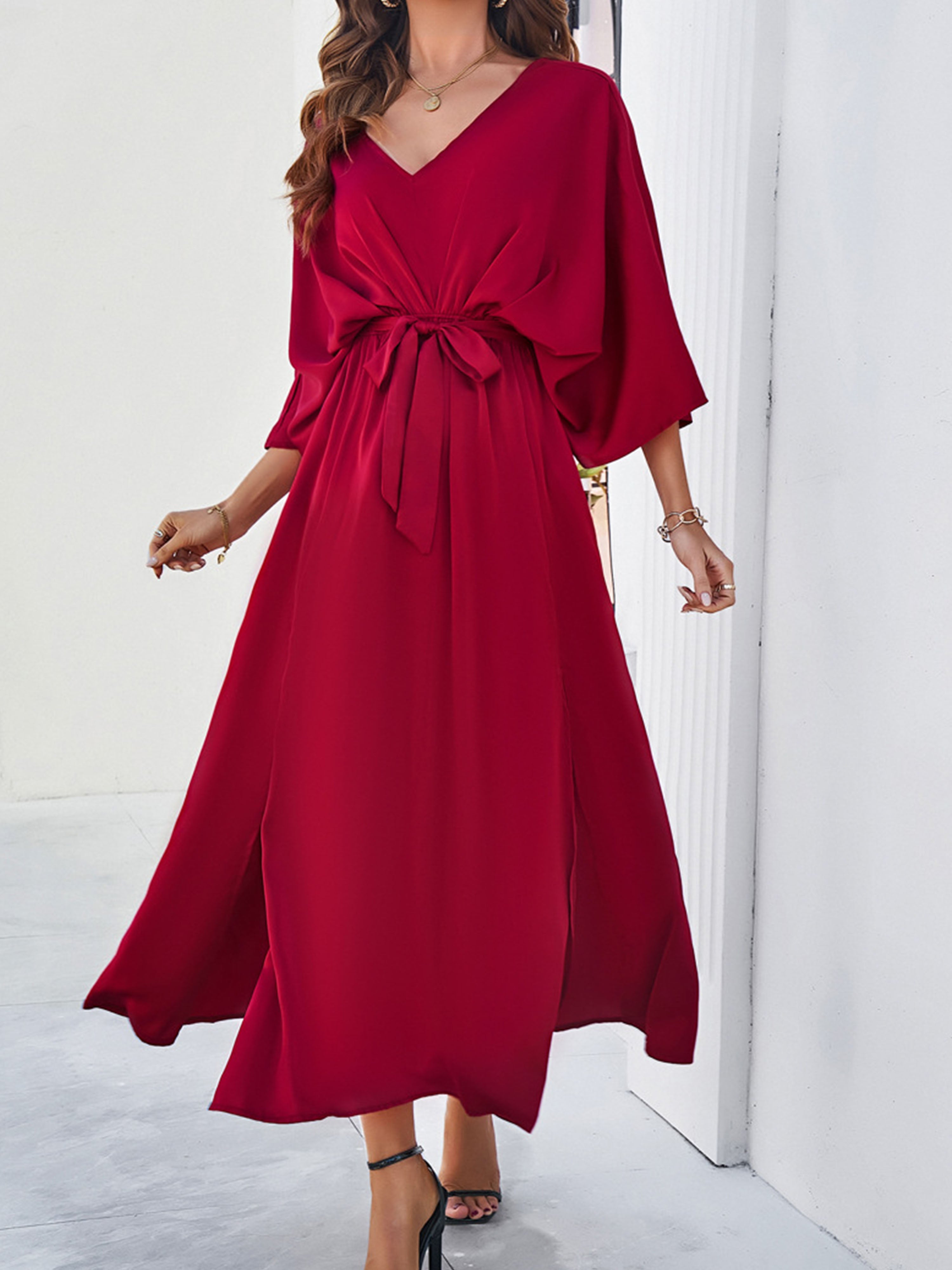 Elegant Burgundy V-Neck Sleeves Split Wedding Guest Dress With Belt