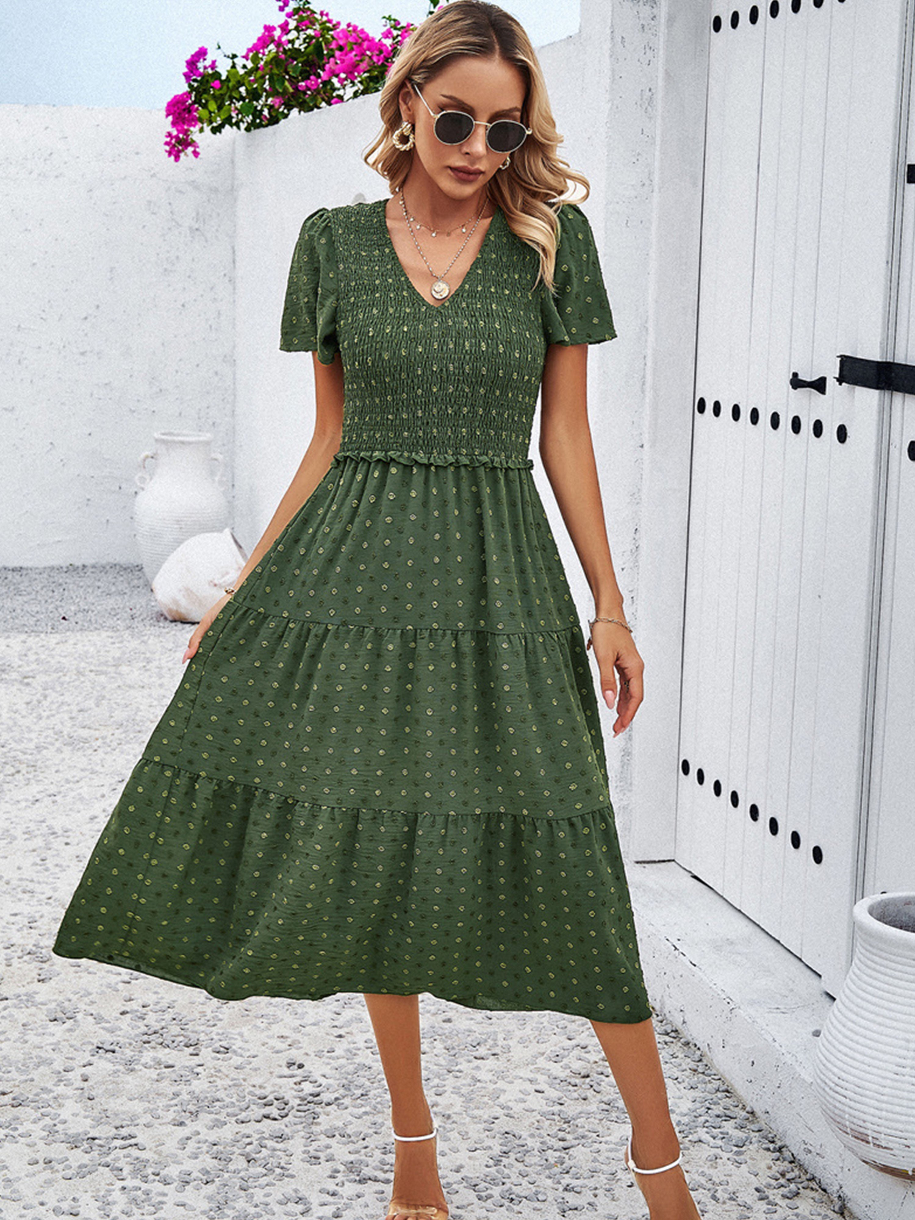 Casual Polka Dot V-Neck Short Sleeves Dark Olive Green Wedding Guest Dress