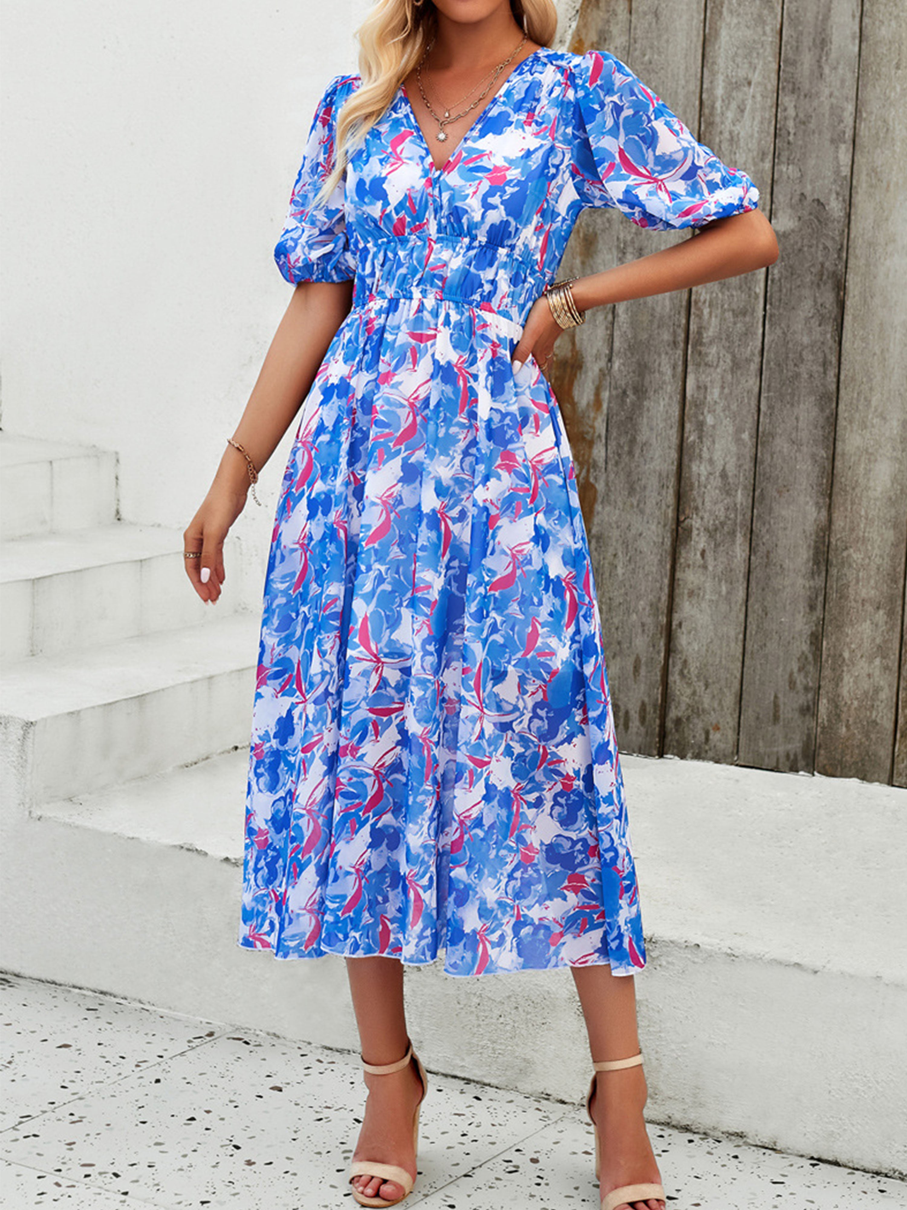 A Line Strappy Waisted Sleeves V Neck Blue Wedding Guest Dress