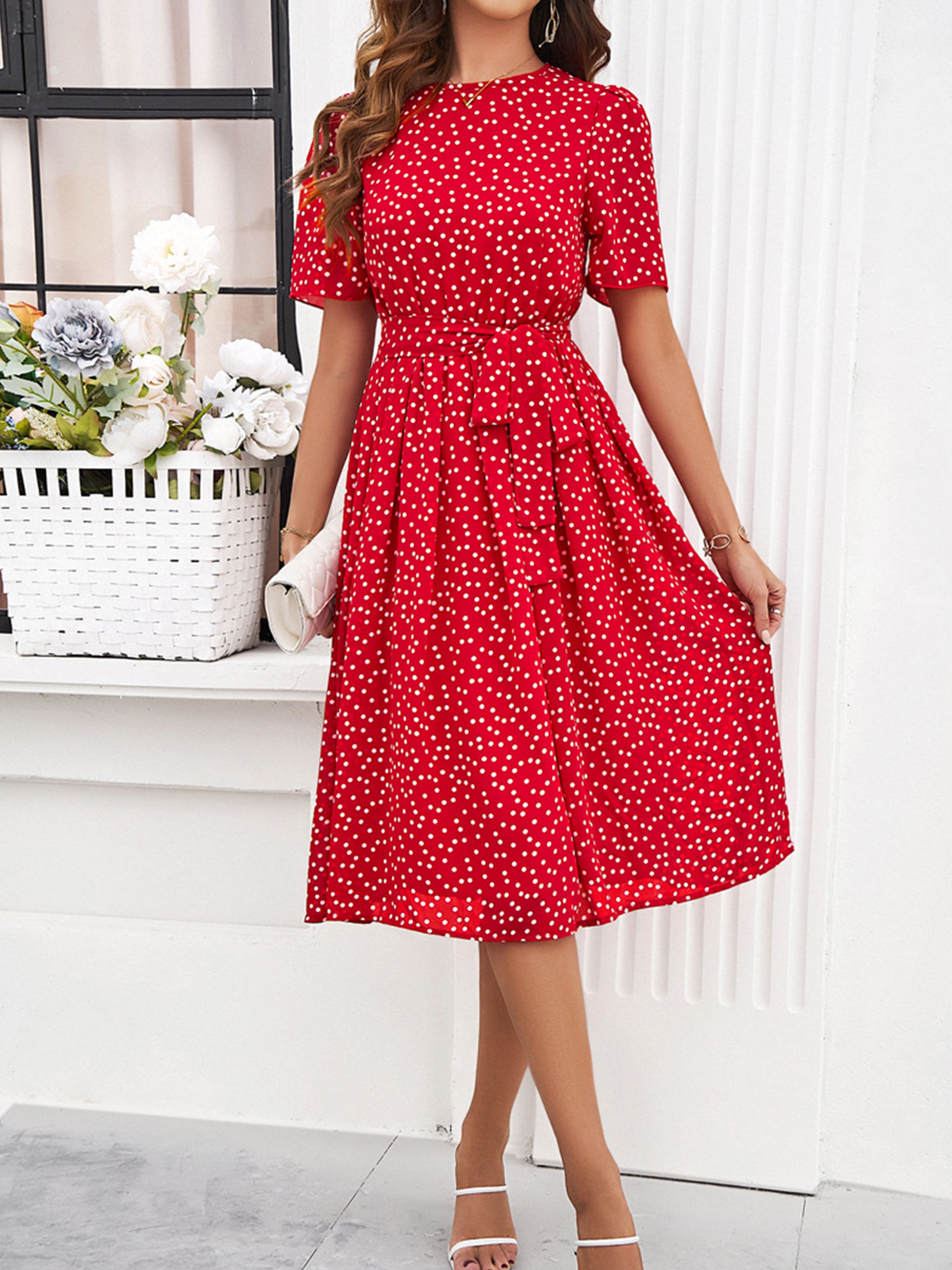 Casual Polka Dot Cowl Short Sleeves Red Wedding Guest Dress With Belt