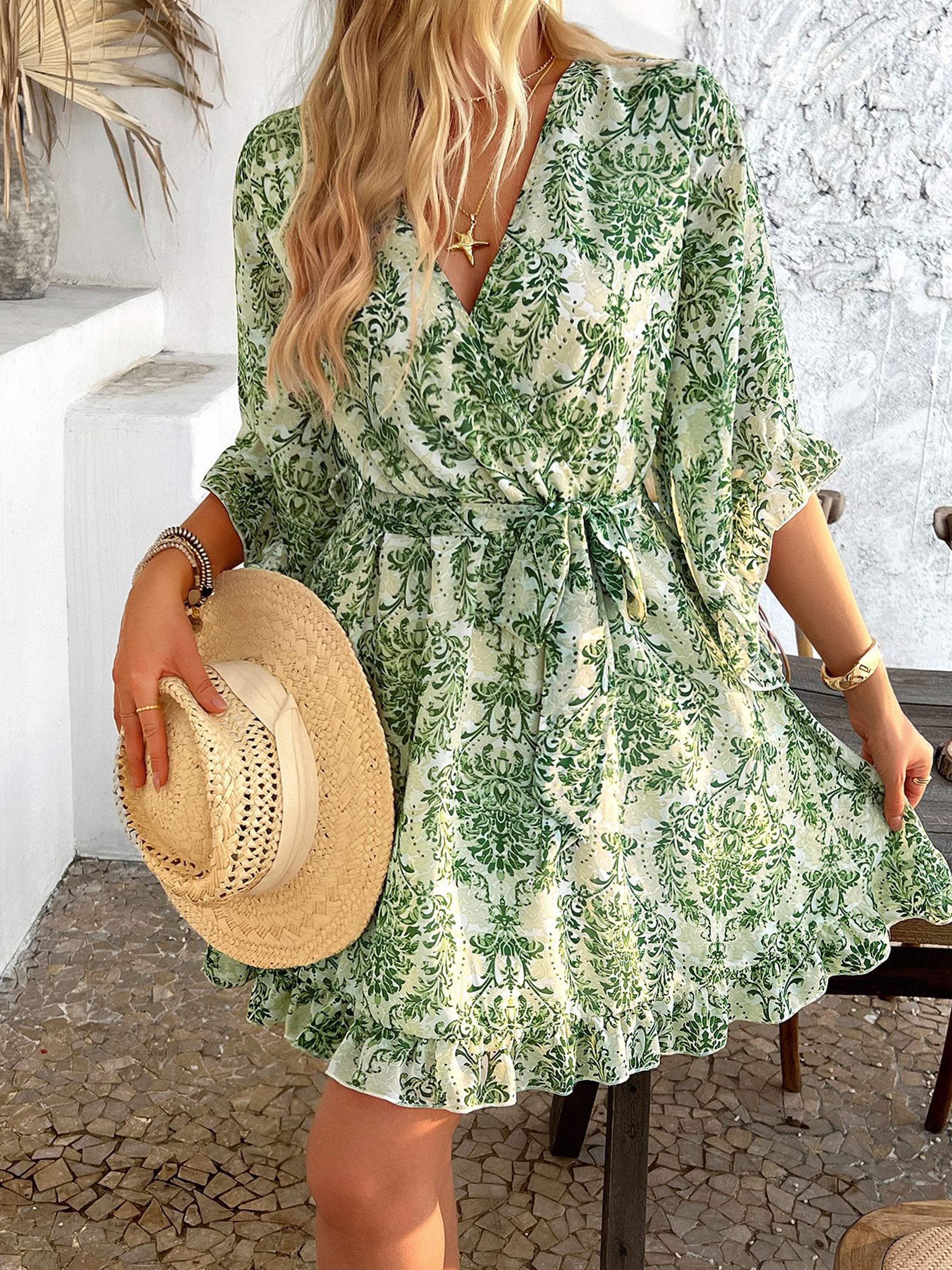 Ruffles Sleeves Floral V Neck Green Wedding Guest Dress With Belts