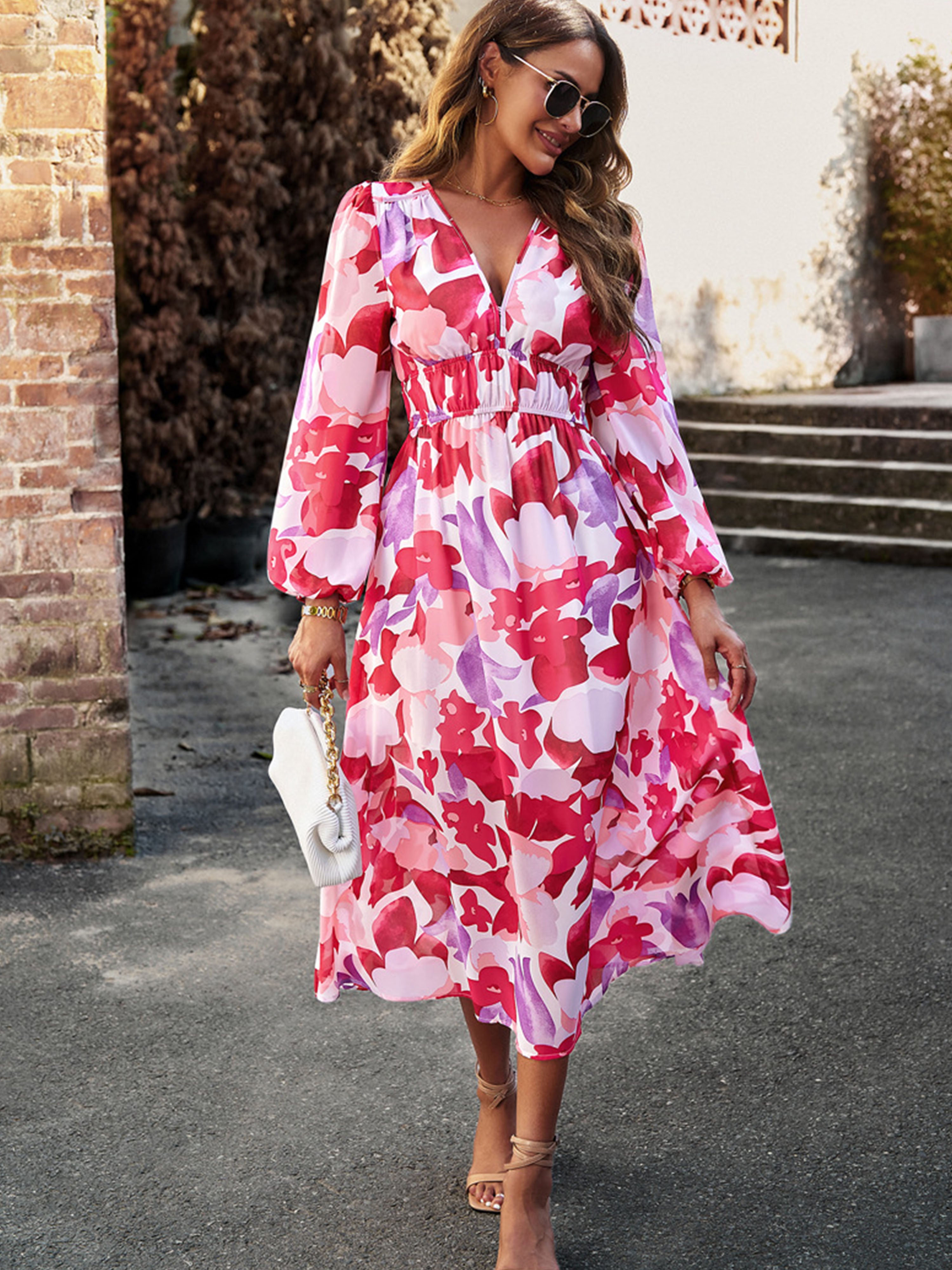 V Neck A Line Long Sleeves Casual Printed Red Wedding Guest Dress