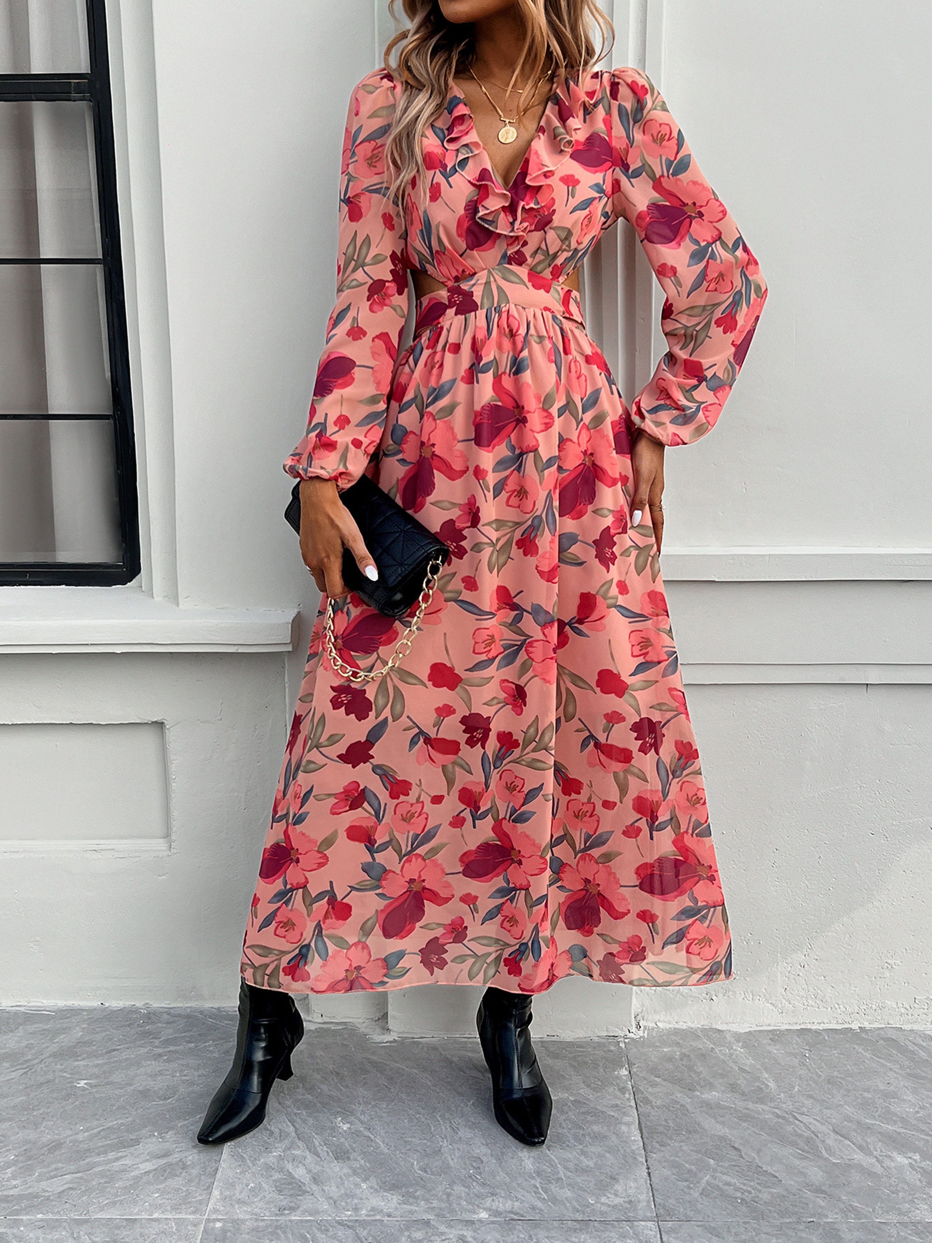 Floral V-Neck Watermelon Long Sleeves A Line Wedding Guest Dress