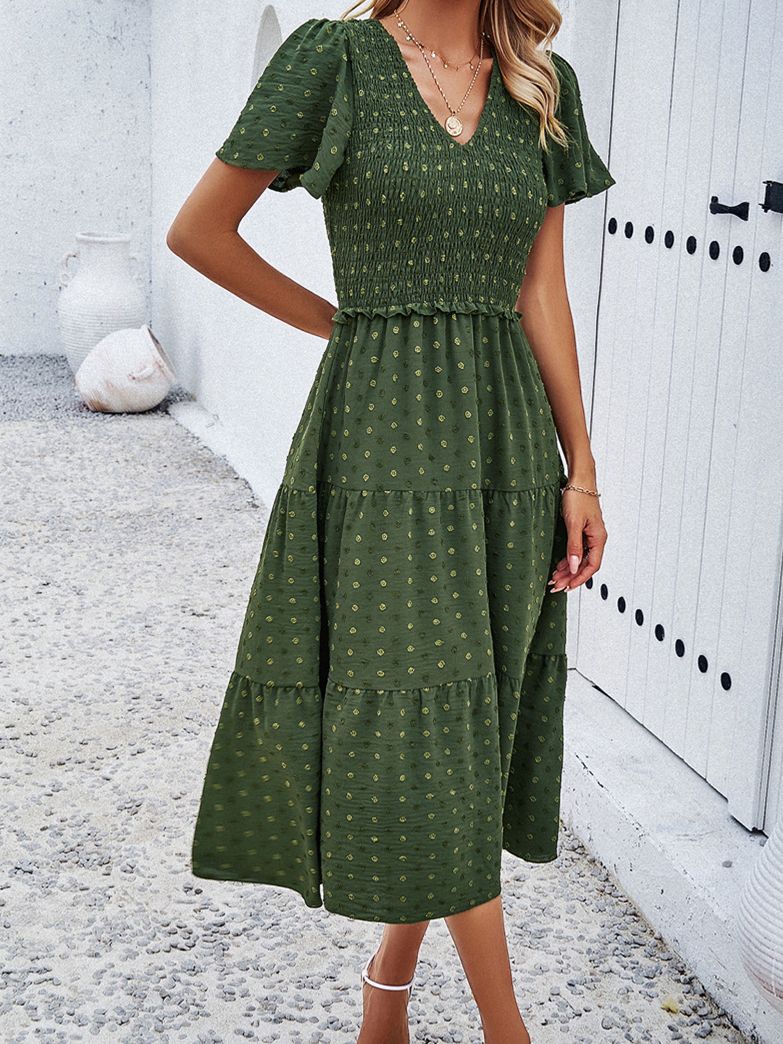 Casual Polka Dot V-Neck Short Sleeves Dark Olive Green Wedding Guest Dress