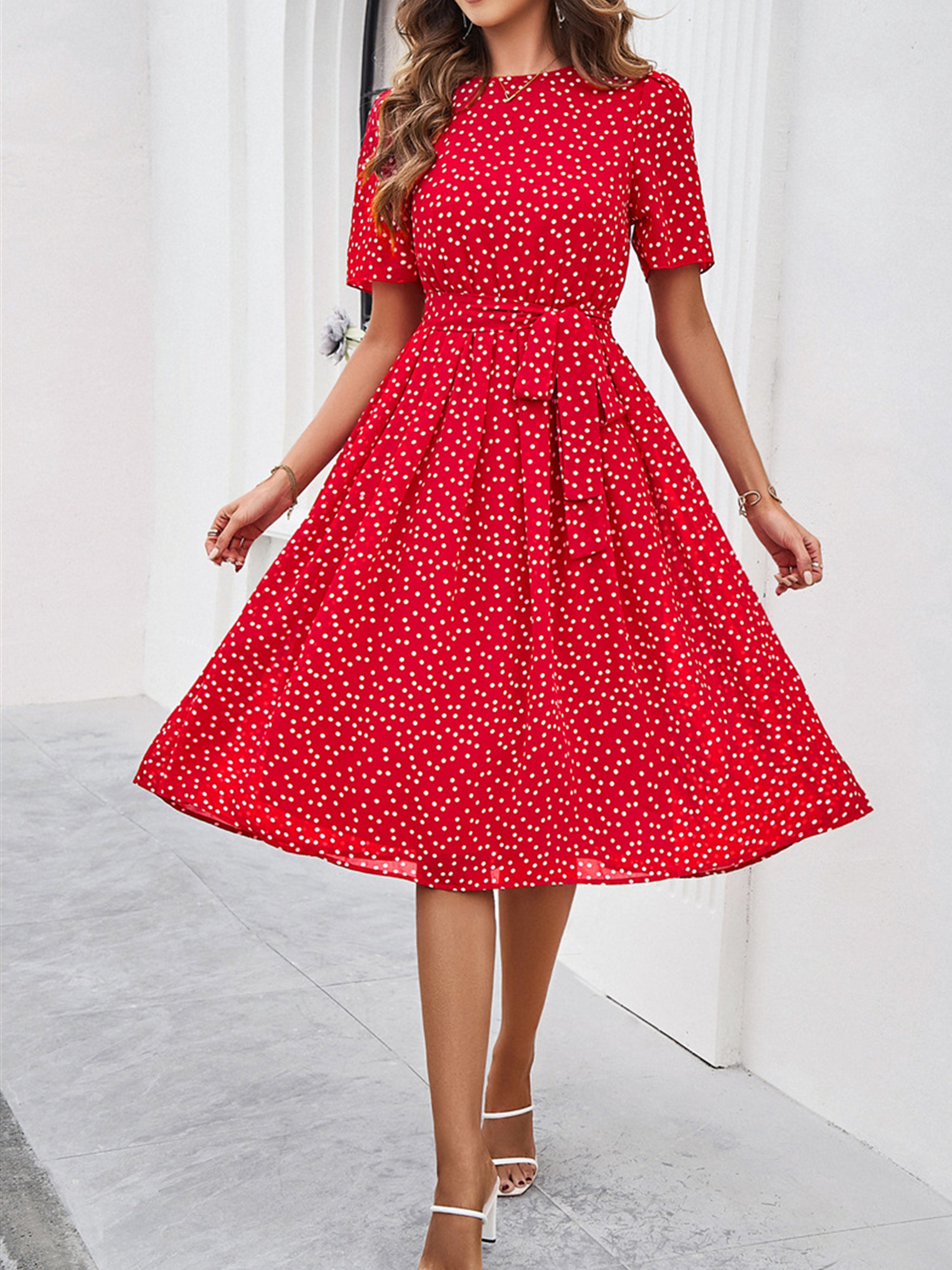 Casual Polka Dot Cowl Short Sleeves Red Wedding Guest Dress With Belt