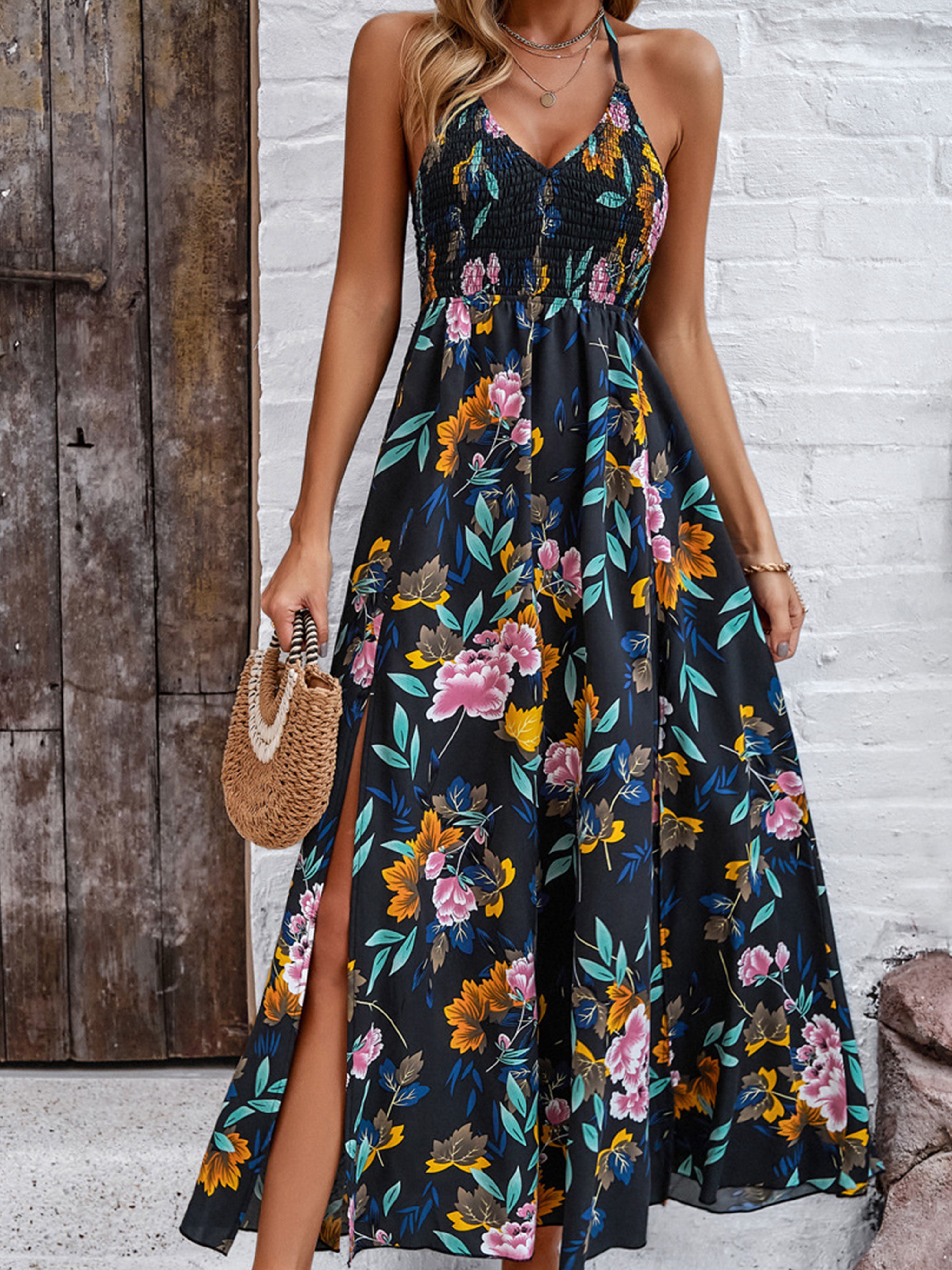 Casual Spaghetti Straps Long Floral Black Wedding Guest Dress