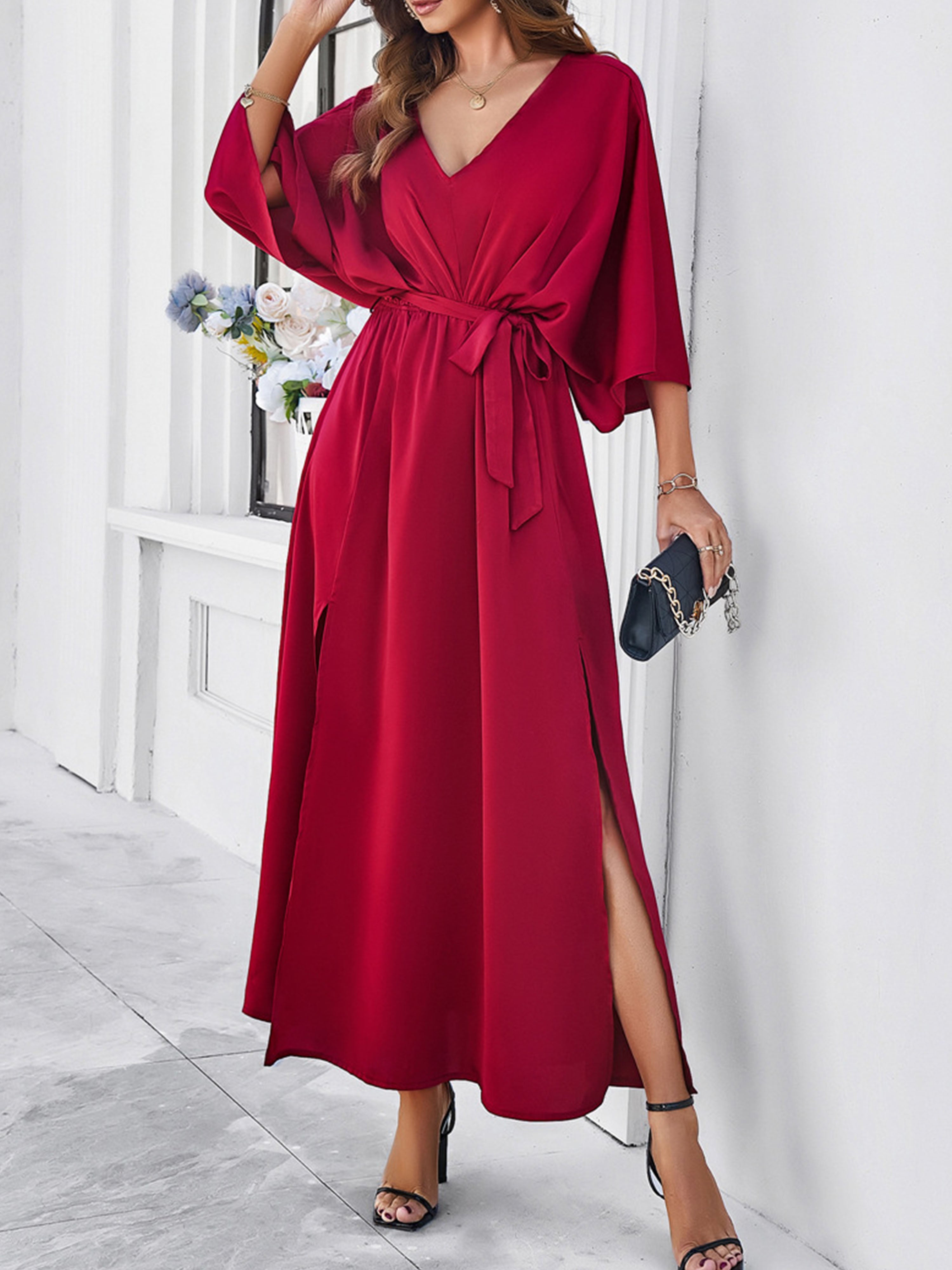 Elegant Burgundy V-Neck Sleeves Split Wedding Guest Dress With Belt