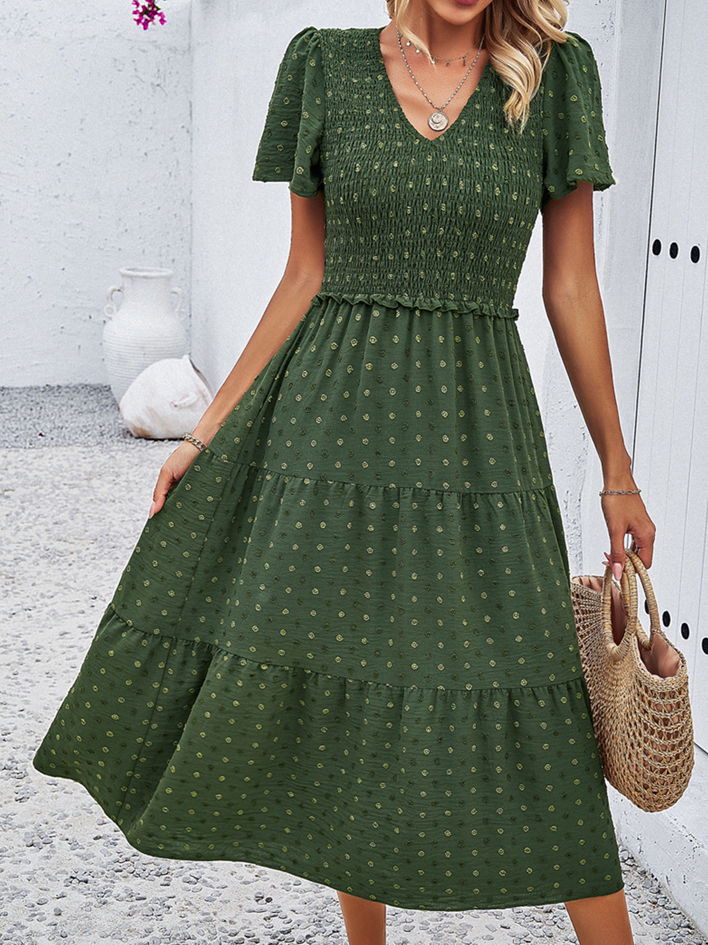 Casual Polka Dot V-Neck Short Sleeves Dark Olive Green Wedding Guest Dress