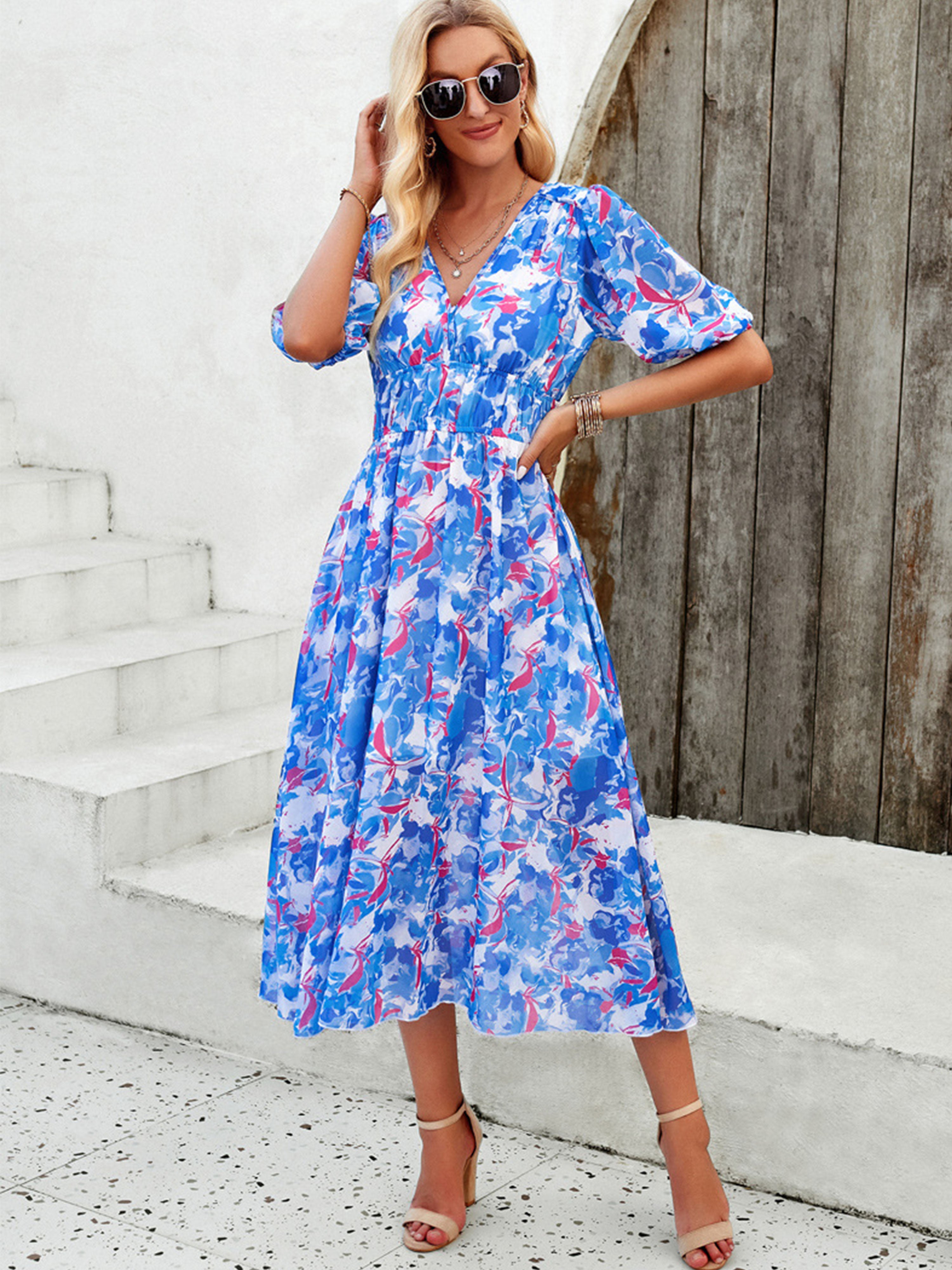 A Line Strappy Waisted Sleeves V Neck Blue Wedding Guest Dress