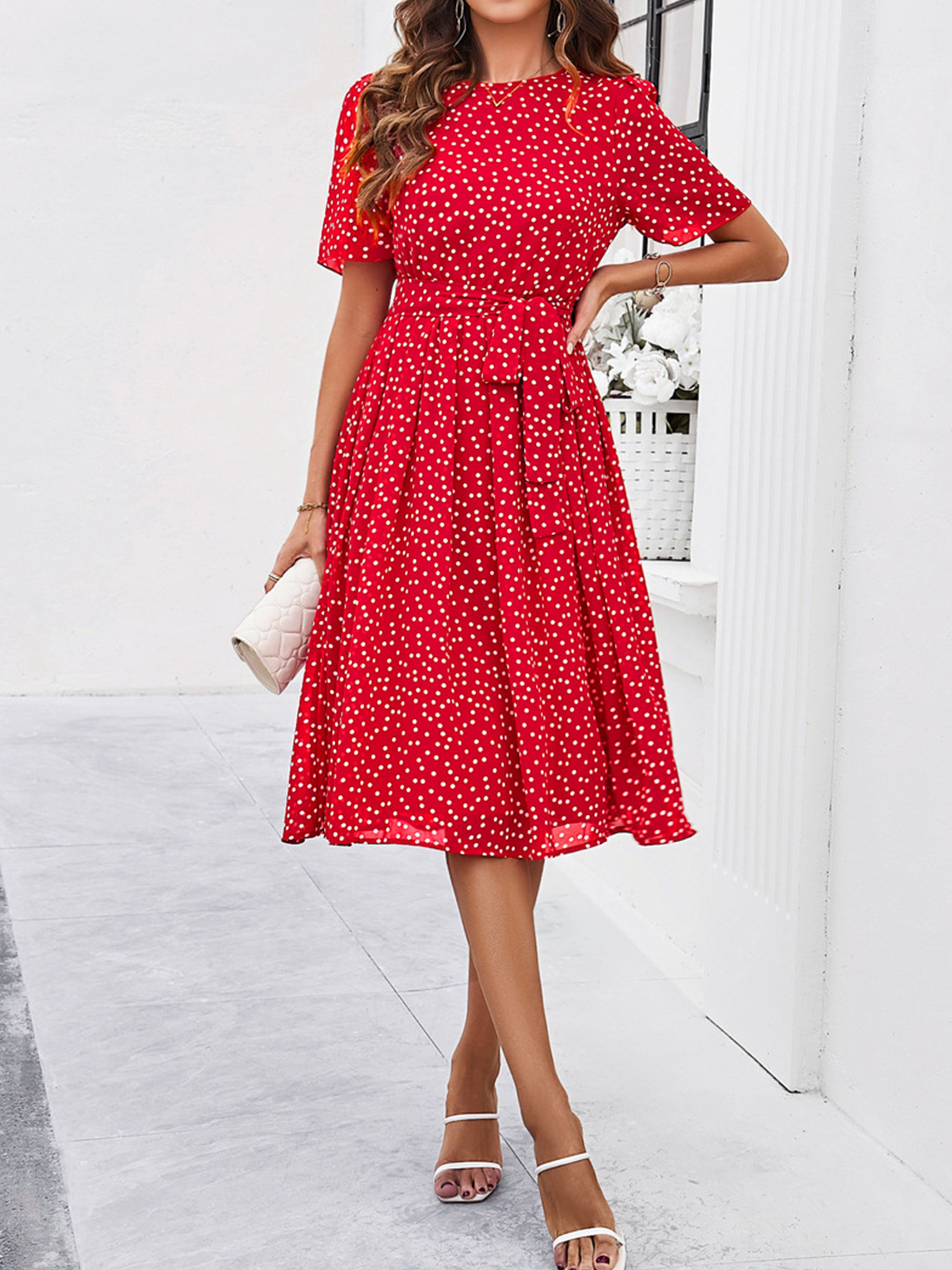 Casual Polka Dot Cowl Short Sleeves Red Wedding Guest Dress With Belt