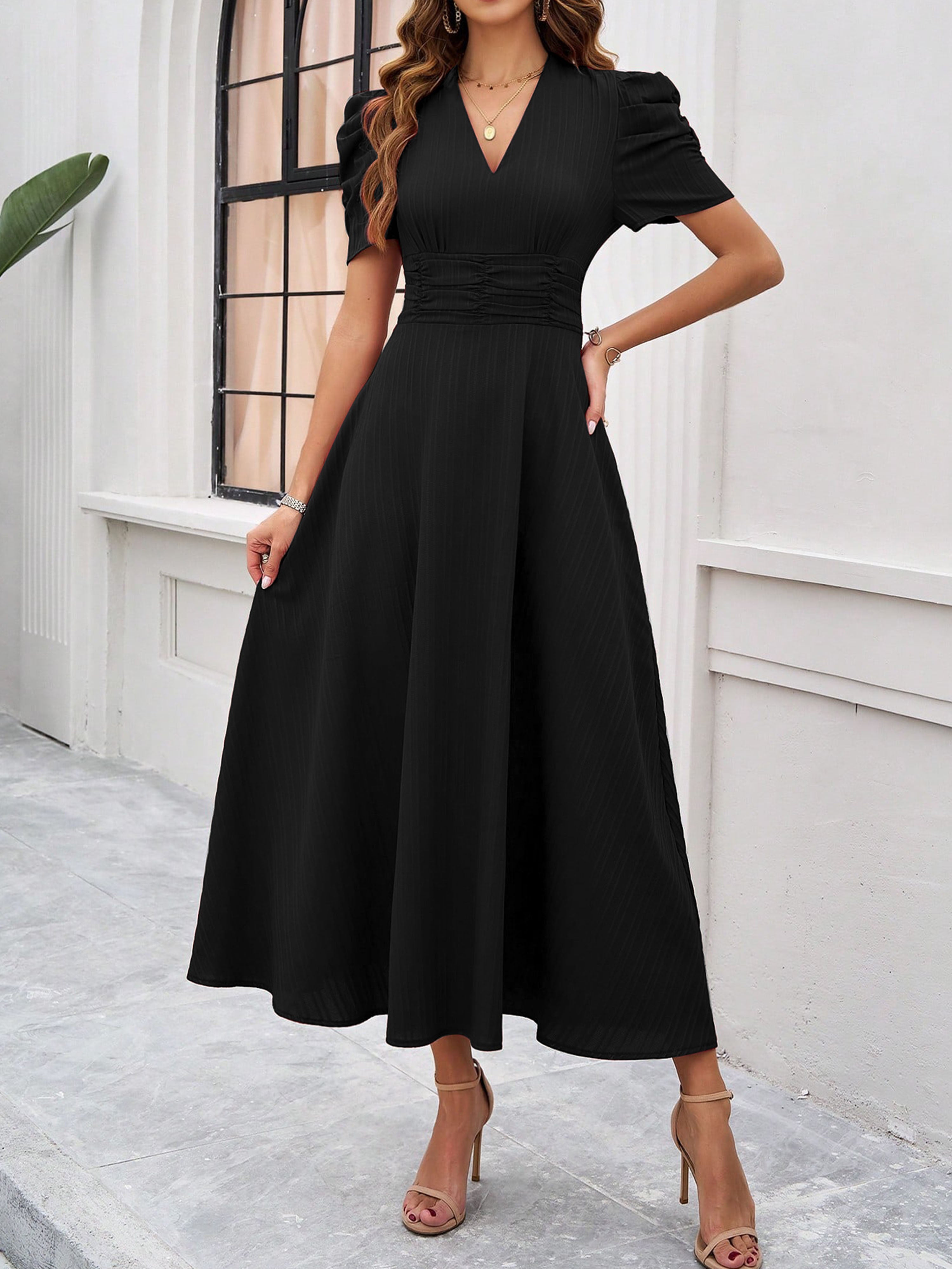 Elegant Empire Waist A Line Sleeves Black Wedding Guest Dress