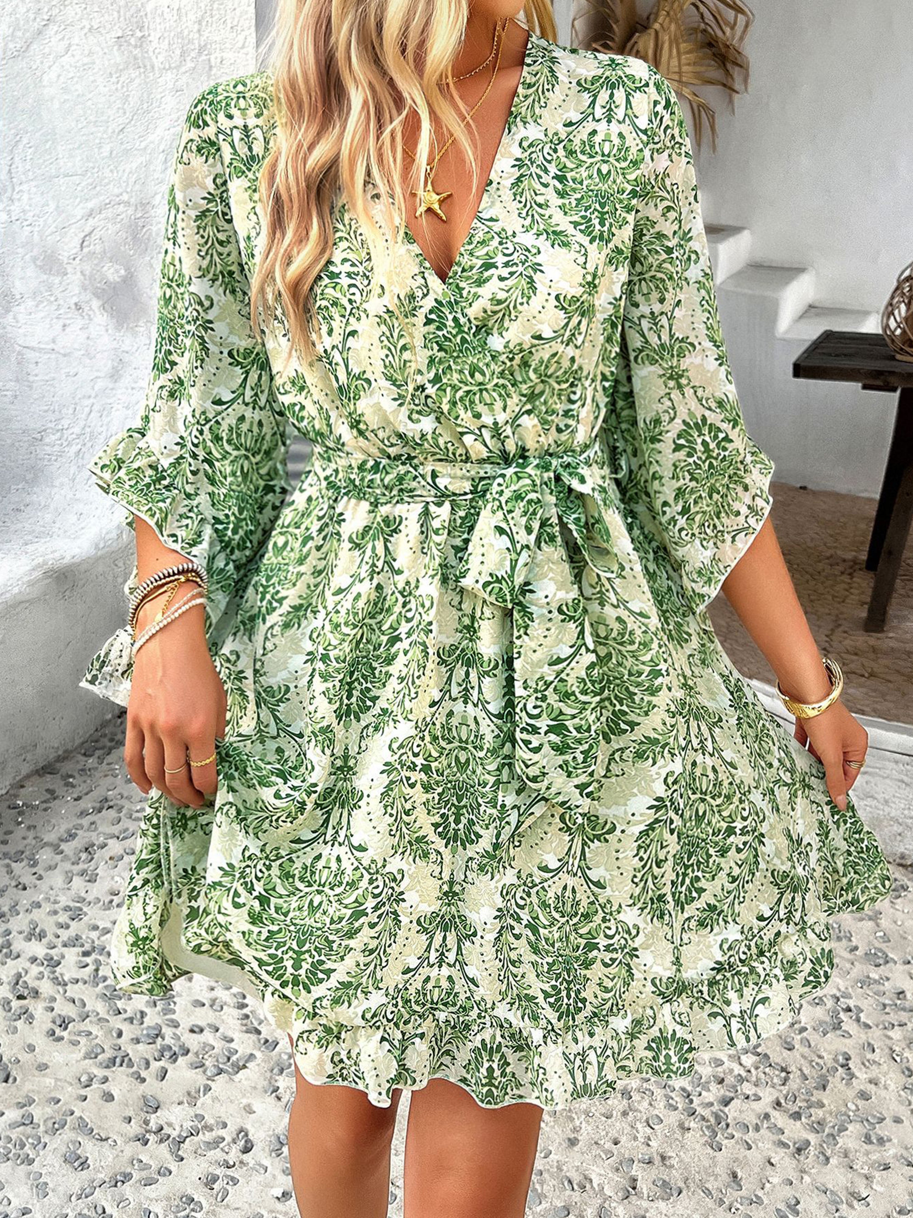 Ruffles Sleeves Floral V Neck Green Wedding Guest Dress With Belts