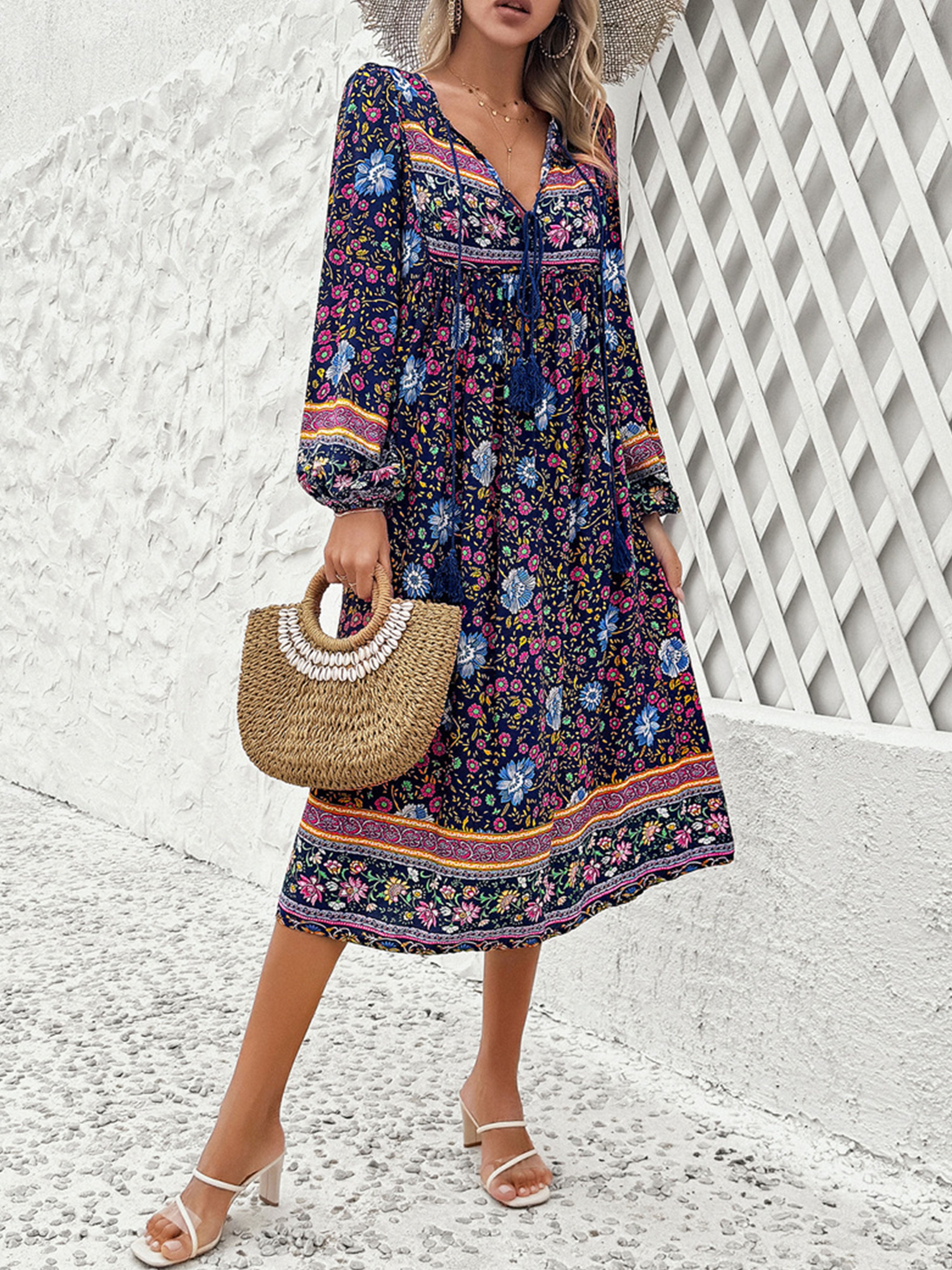 V-Neck Floral Boho A Line Long Sleeves Dark Navy Wedding Guest Dress
