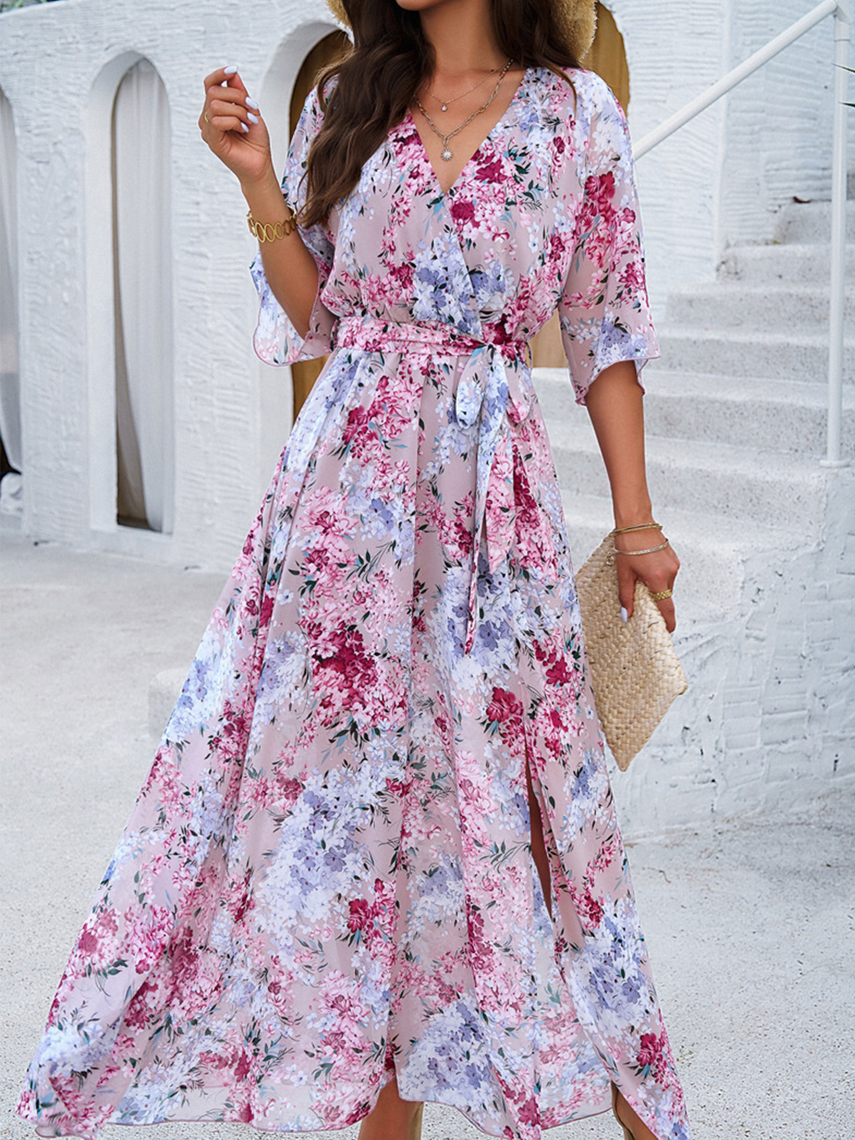 Half Sleeves V Neck A Line Strappy Waisted Pink Wedding Guest Dress With Split