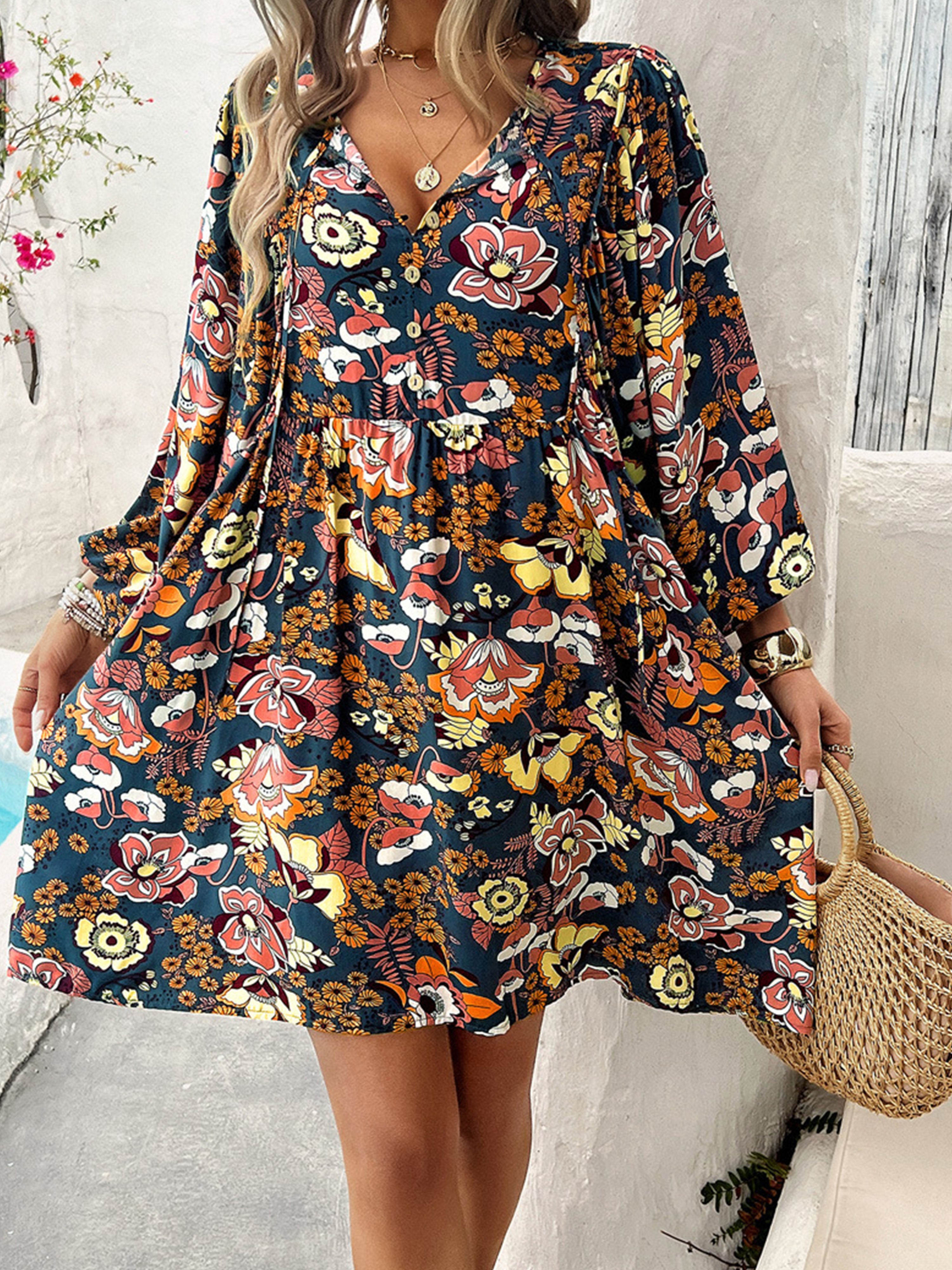 Black Casual V Neck Floral Printed Long Sleeve Wedding Guest Dress