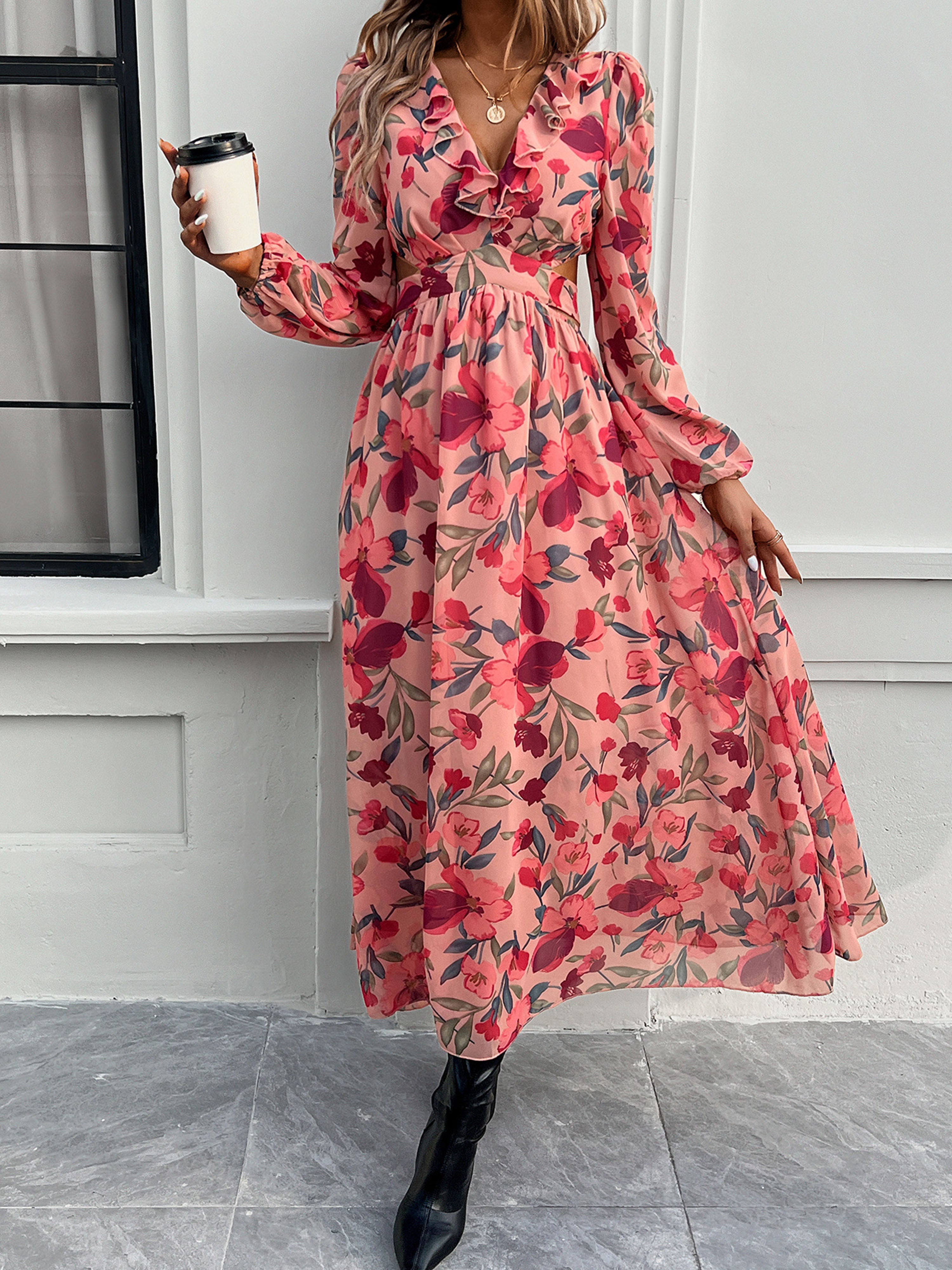 Floral V-Neck Watermelon Long Sleeves A Line Wedding Guest Dress