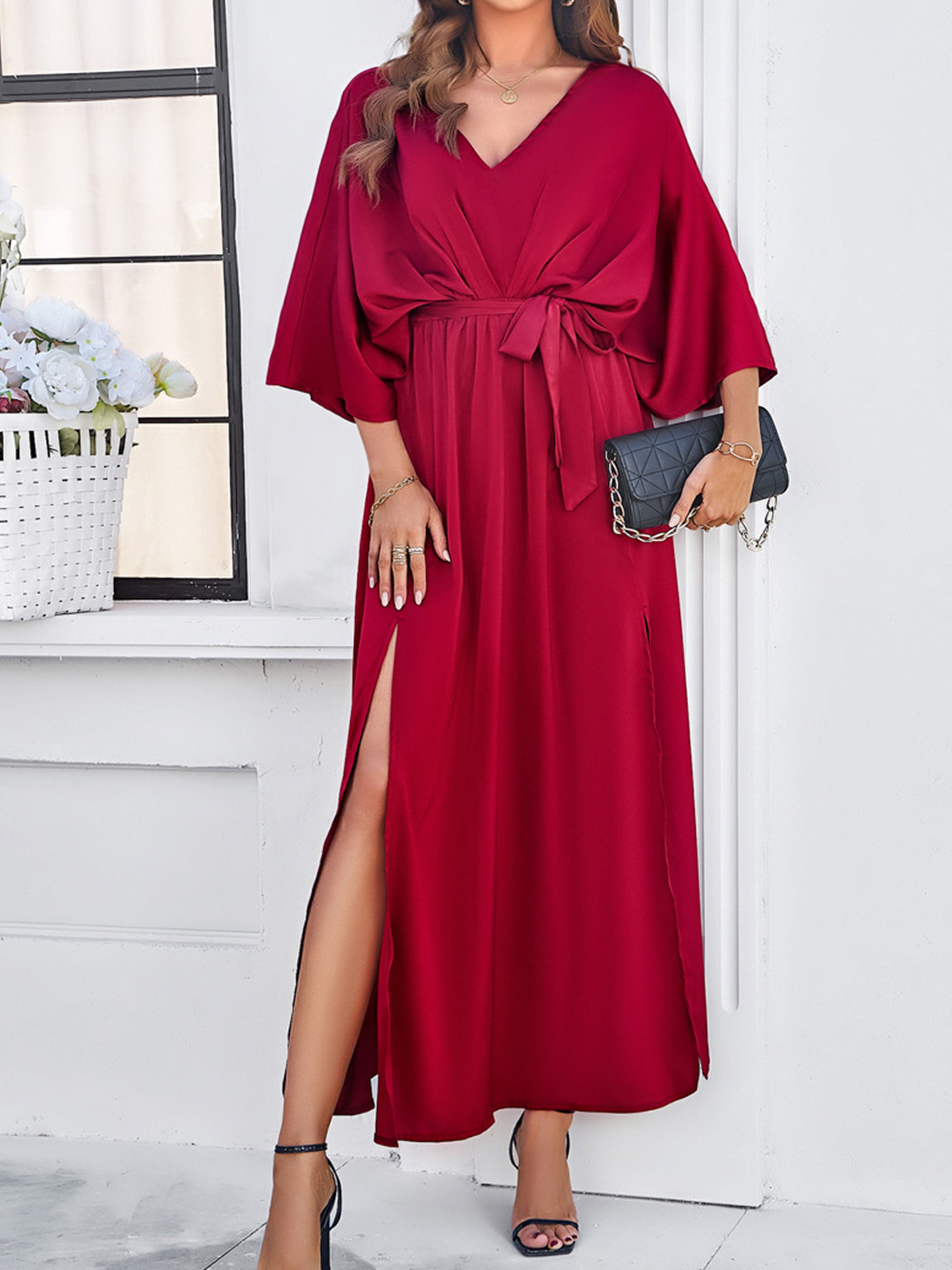 Elegant Burgundy V-Neck Sleeves Split Wedding Guest Dress With Belt