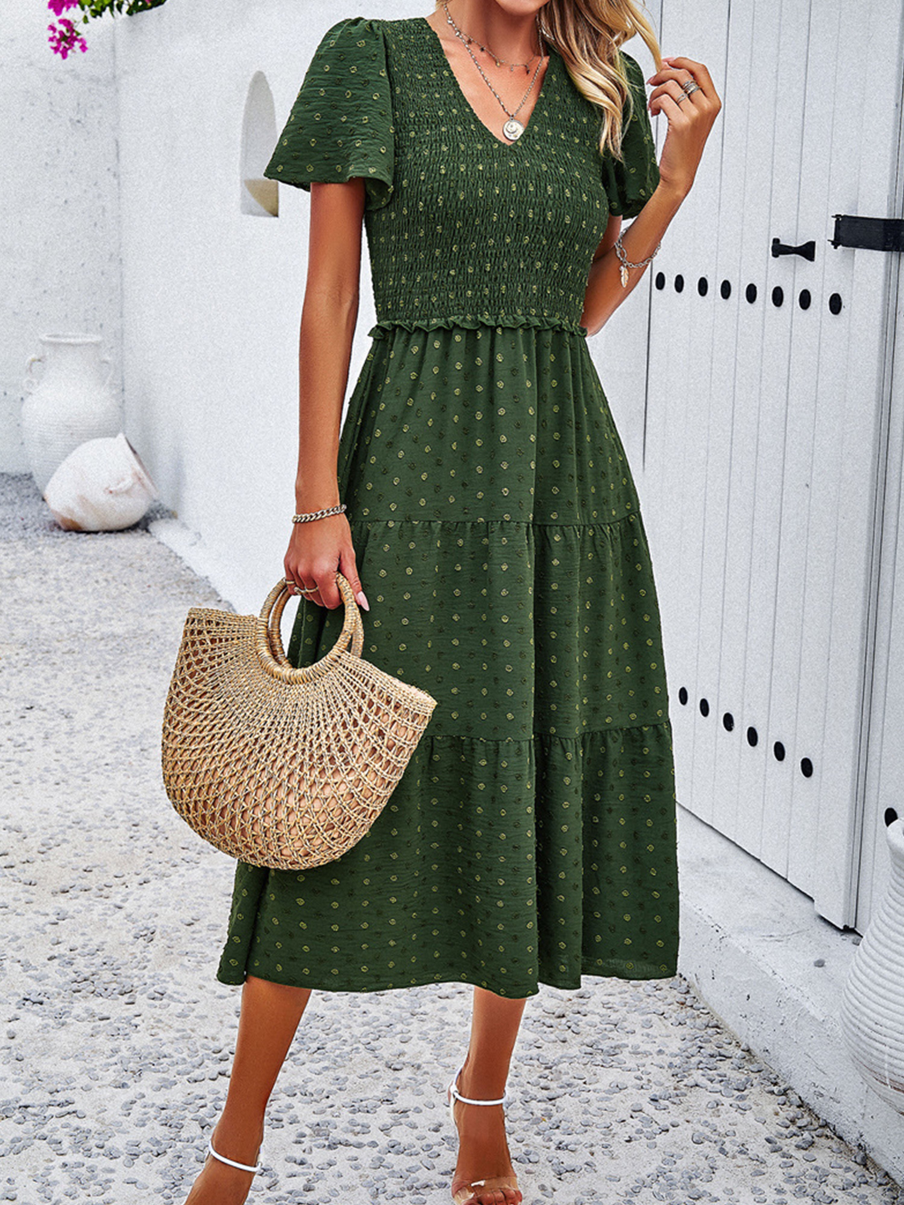 Casual Polka Dot V-Neck Short Sleeves Dark Olive Green Wedding Guest Dress