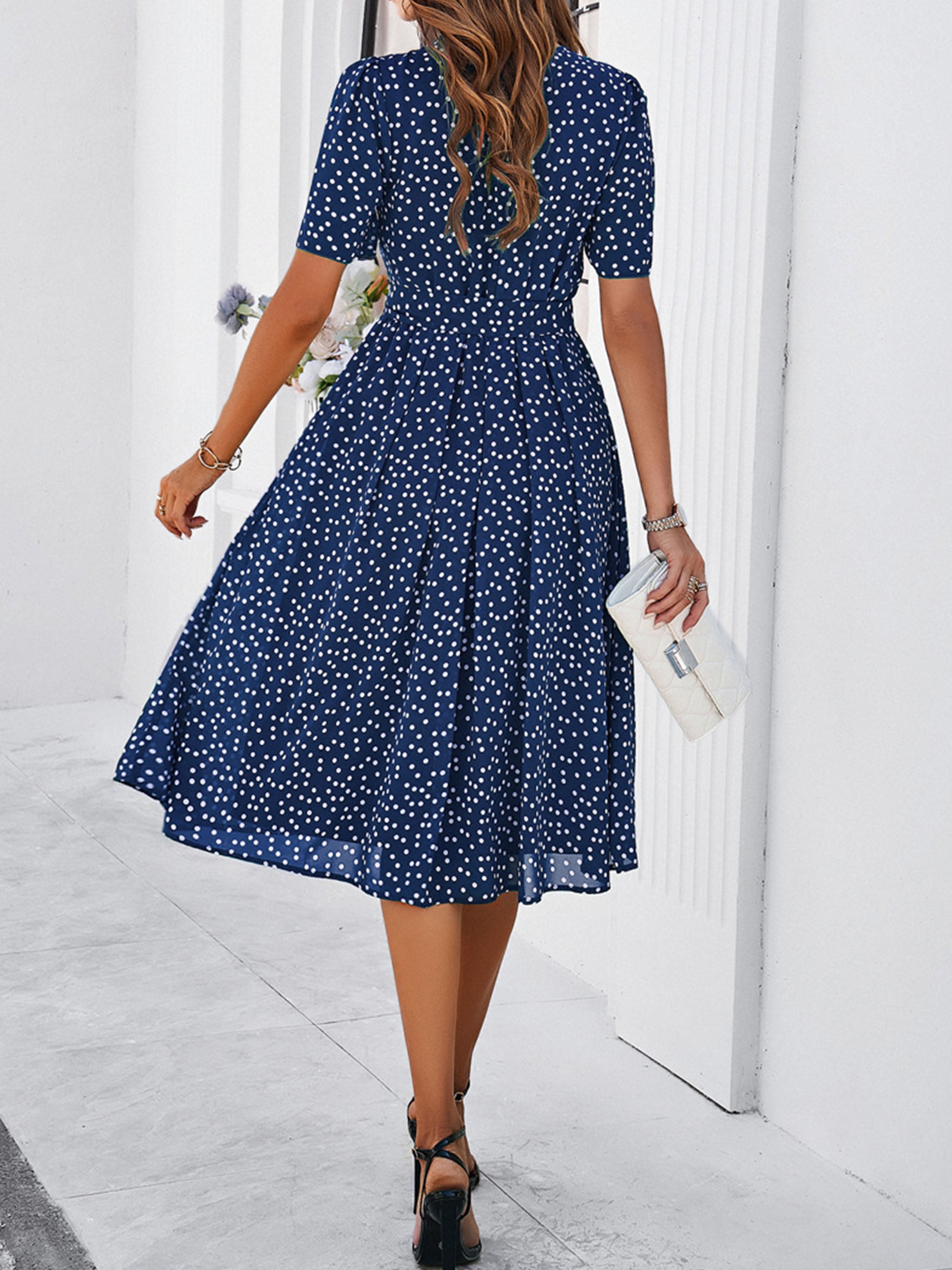 Casual Polka Dot Cowl Short Sleeves Dark Navy Wedding Guest Dress With Belt