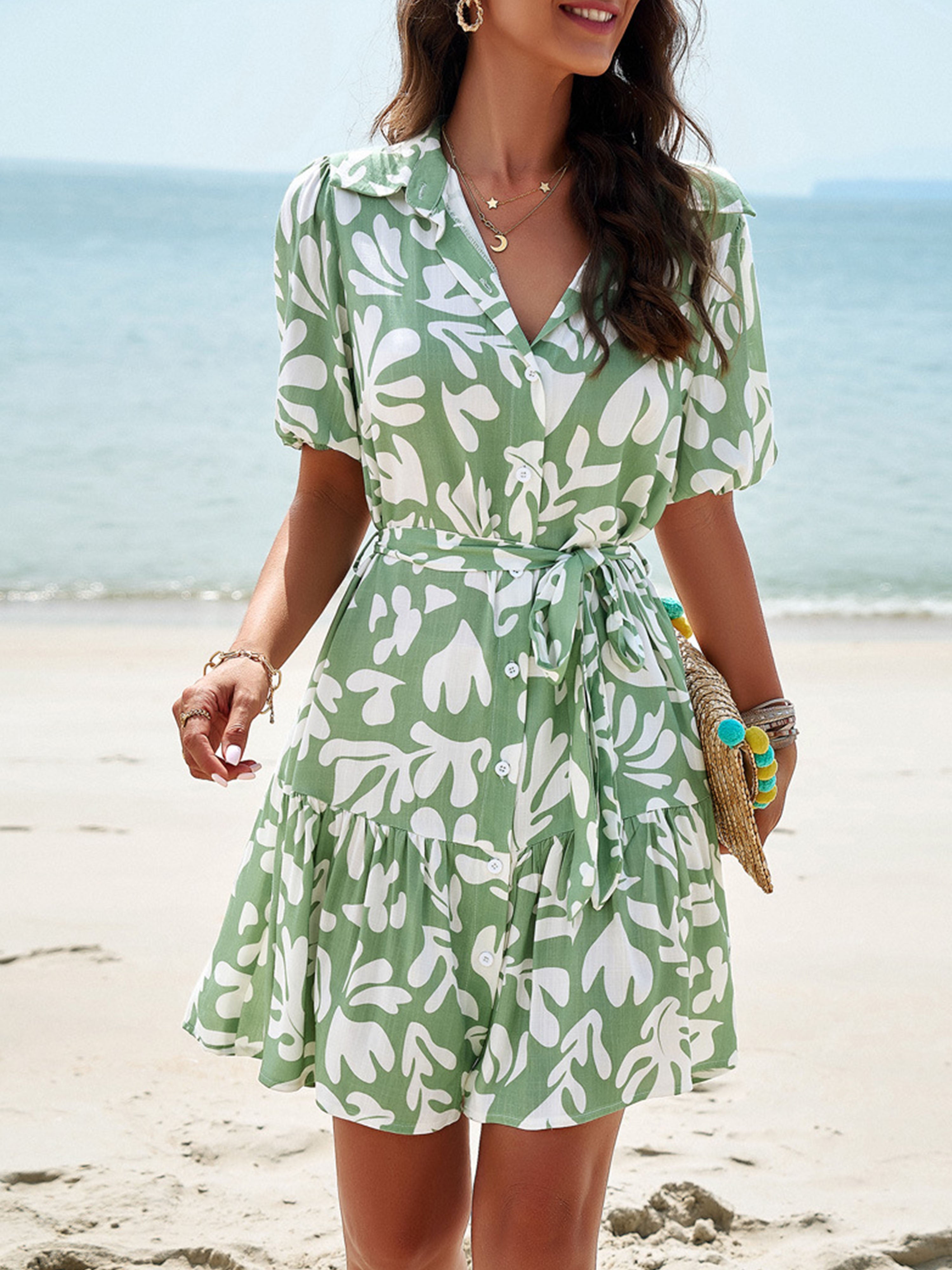 V Neck Elegant Geometric Print Short Sleeves Sage Wedding Guest Dress