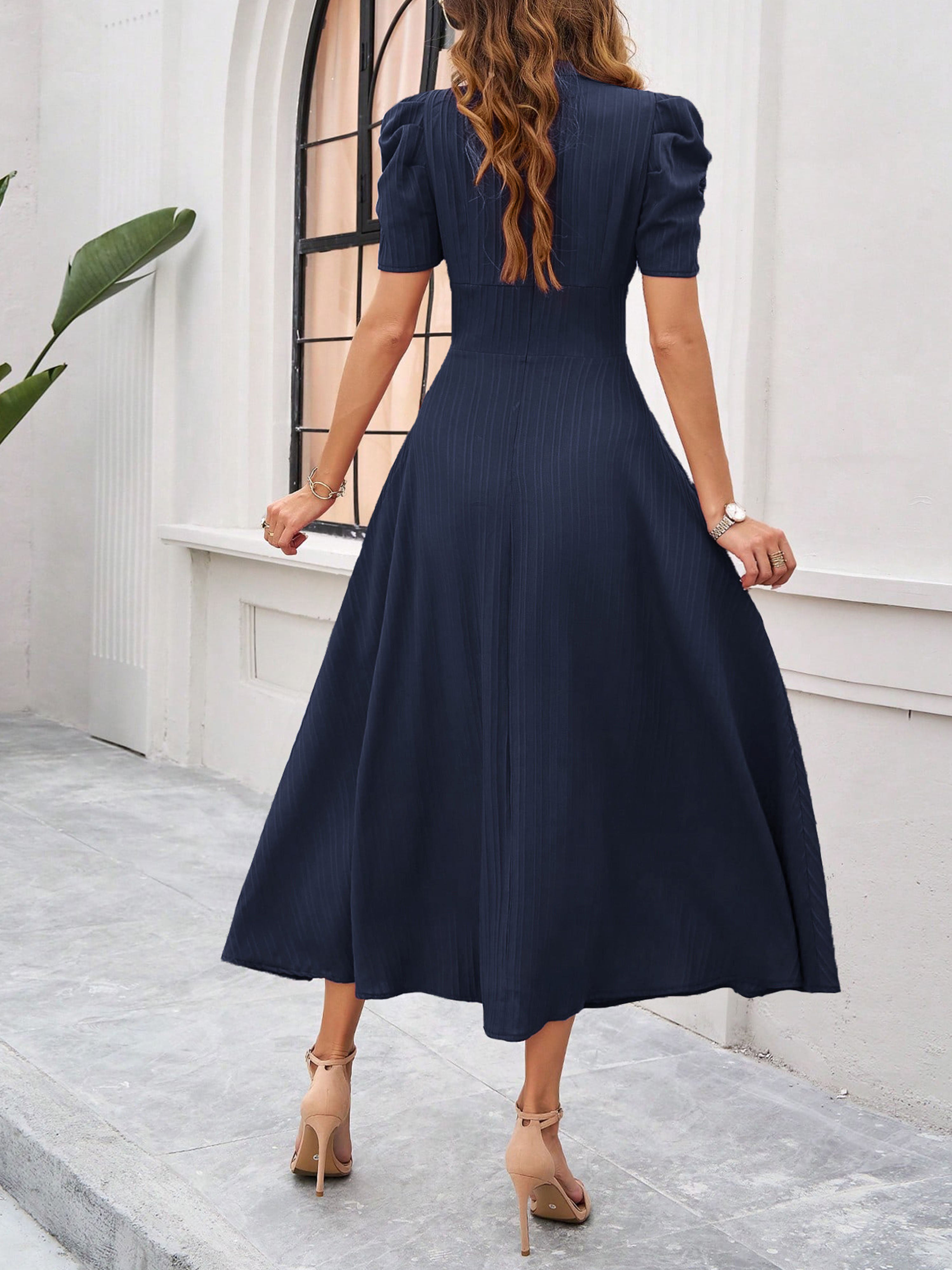 Elegant Empire Waist A Line Sleeves Dark Navy Wedding Guest Dress