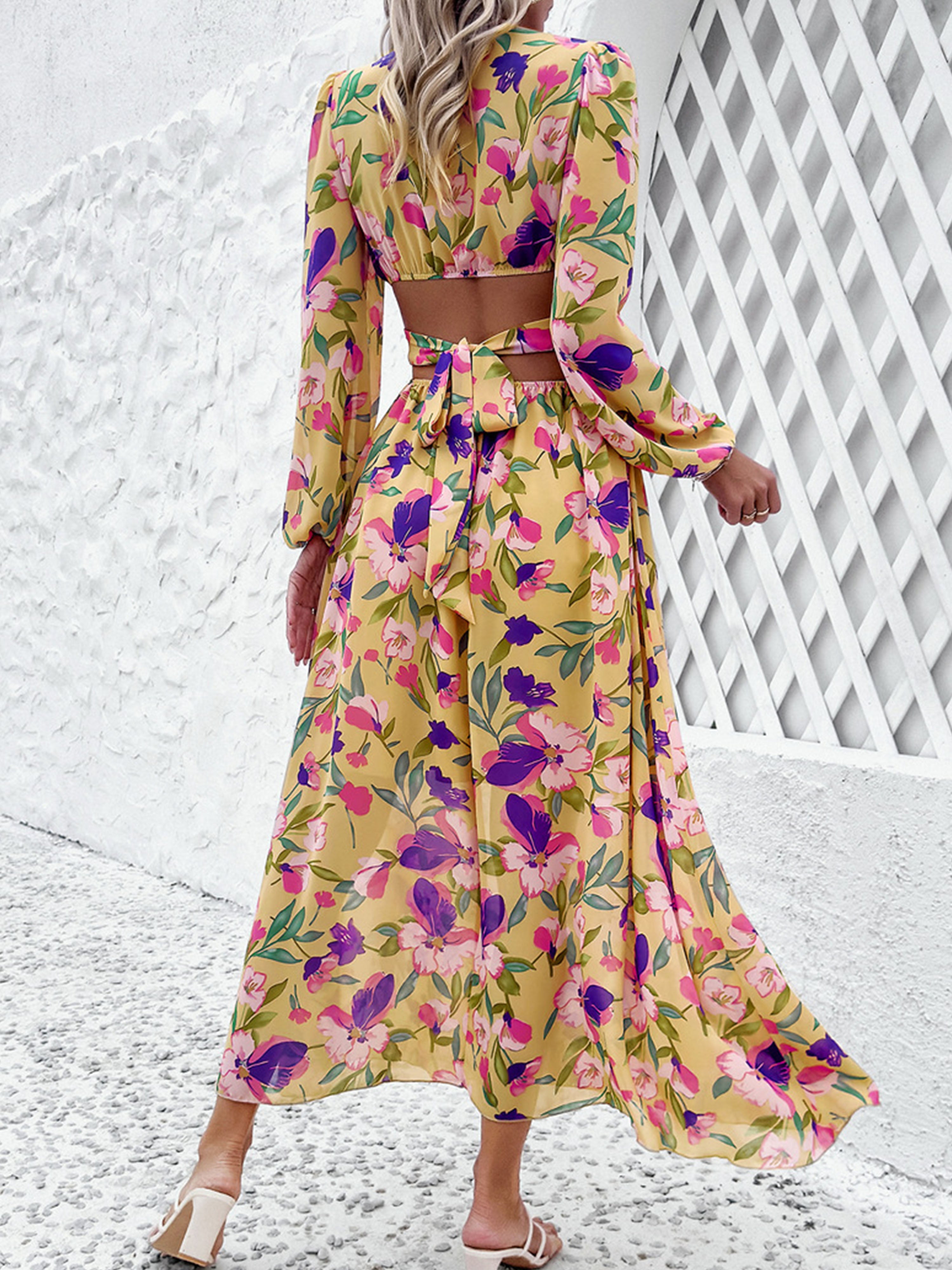 Floral V-Neck Gold Long Sleeves A Line Wedding Guest Dress