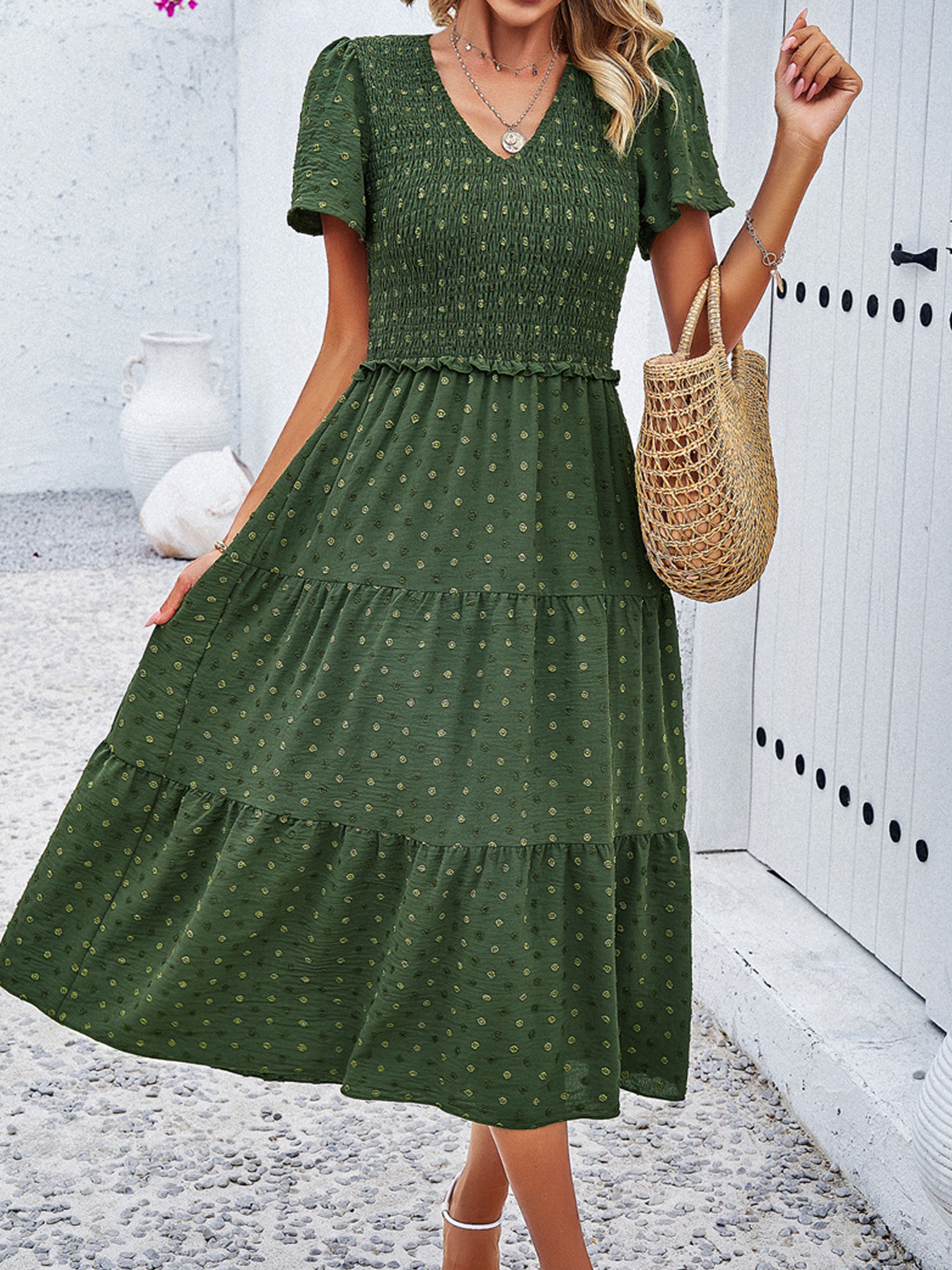Casual Polka Dot V-Neck Short Sleeves Dark Olive Green Wedding Guest D Casual Polka Dot V-Neck Short Sleeves Dark Olive Green Wedding Guest D