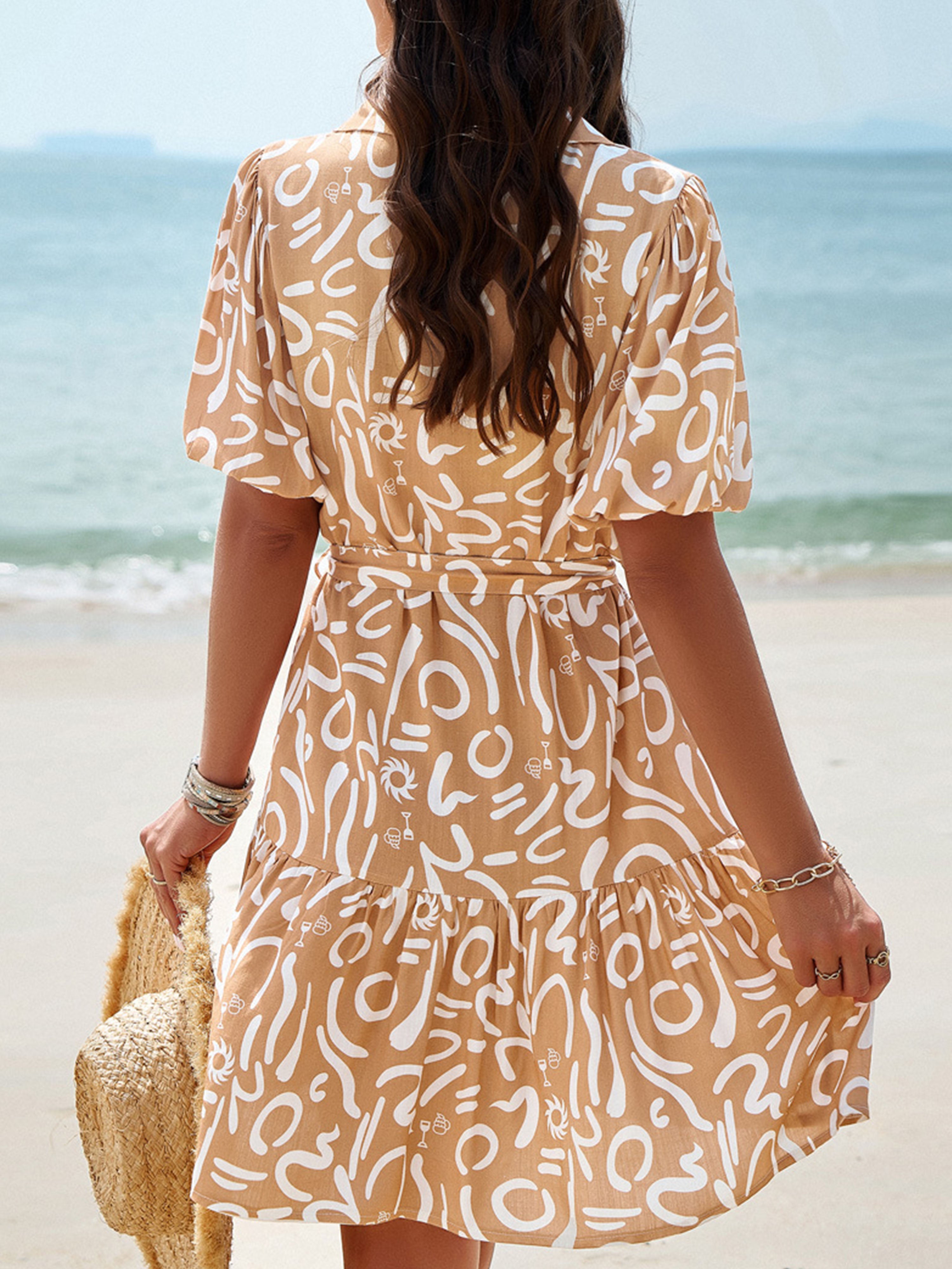 V Neck Elegant Geometric Print Short Sleeves Khaki Wedding Guest Dress