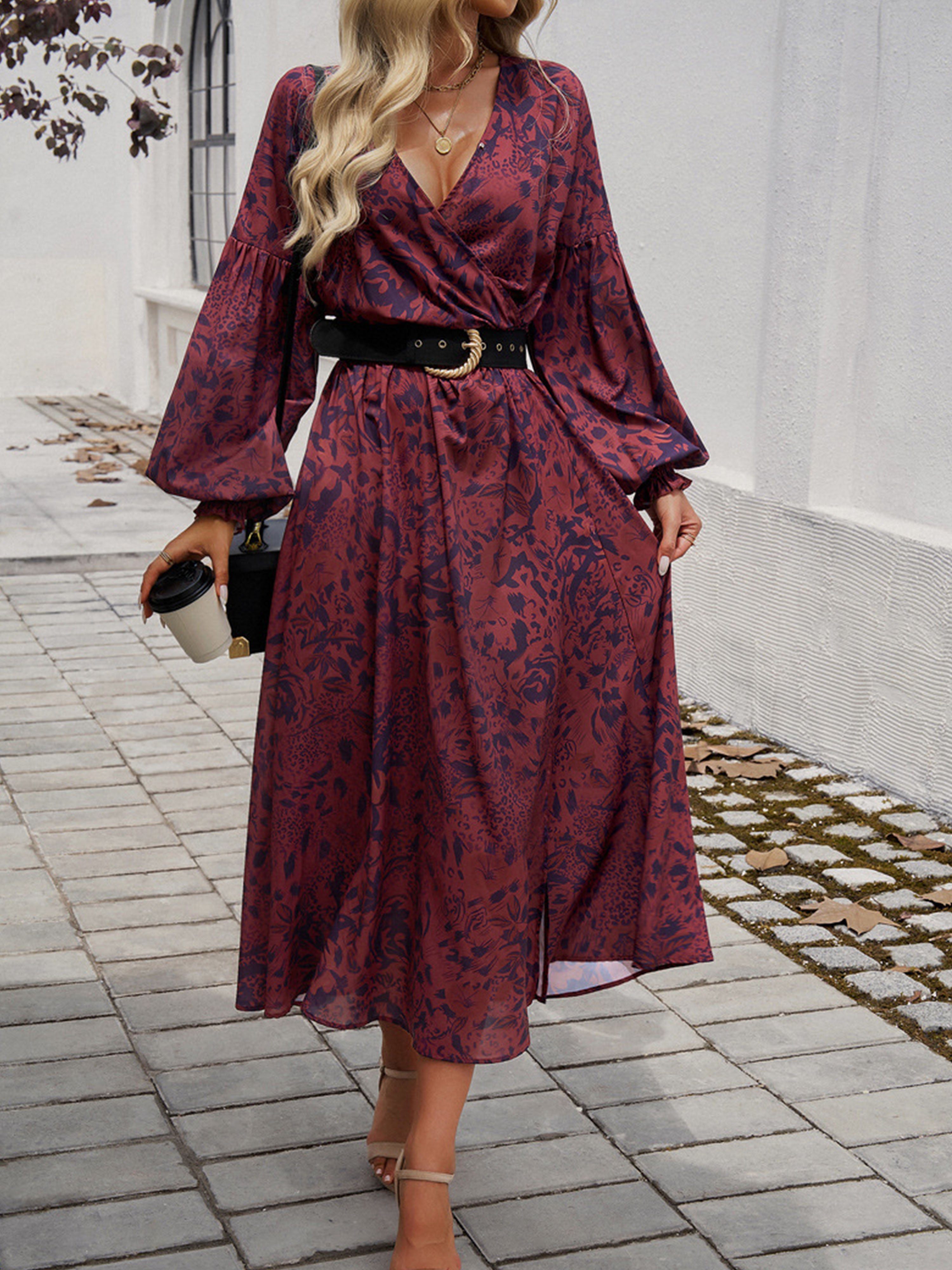 Empire Waist V Neck Long Sleeves Cabernet Wedding Guest Dress With Split