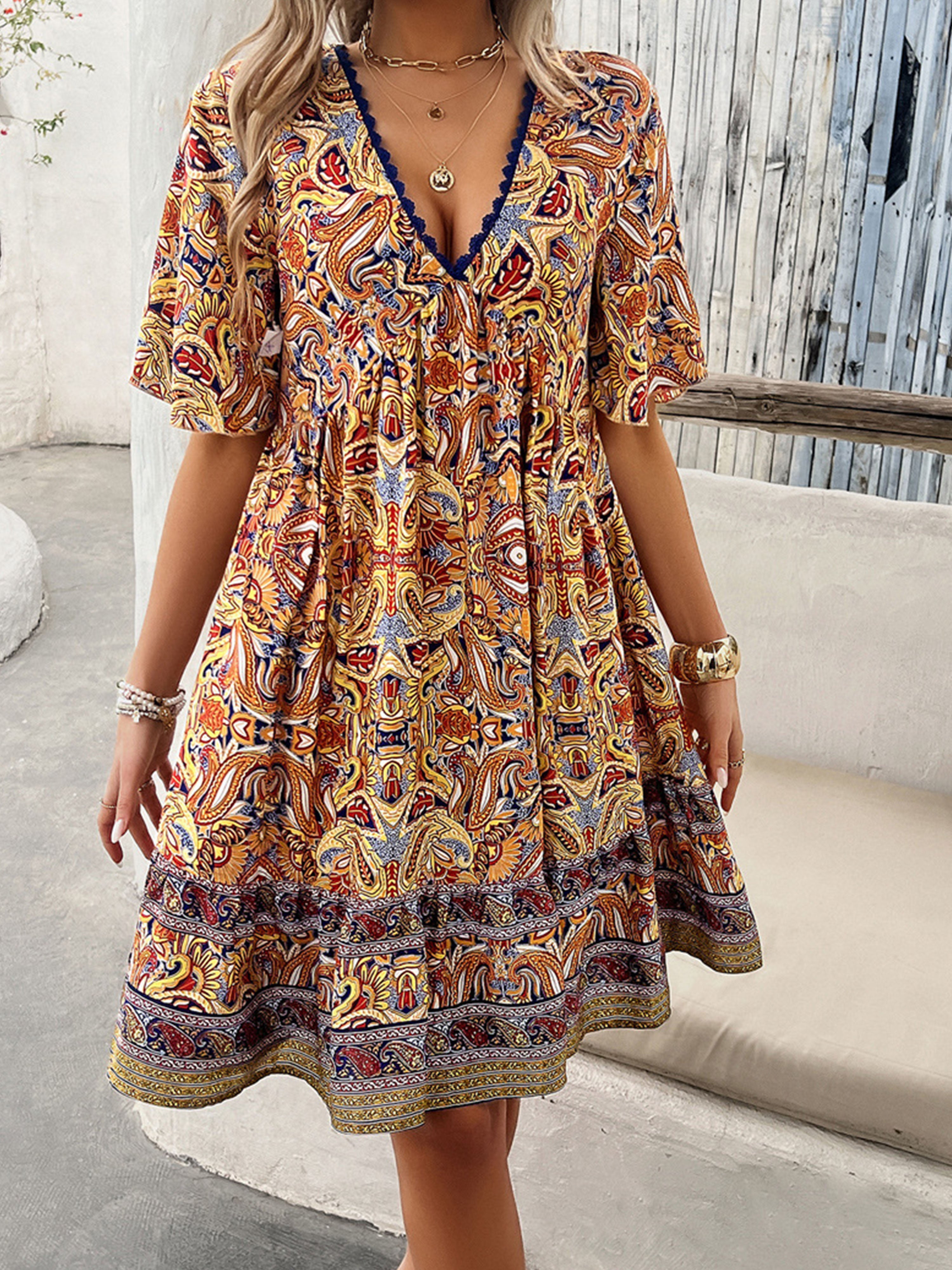Yellow Boho V Neck Floral Printed Half Sleeve Wedding Guest Dress