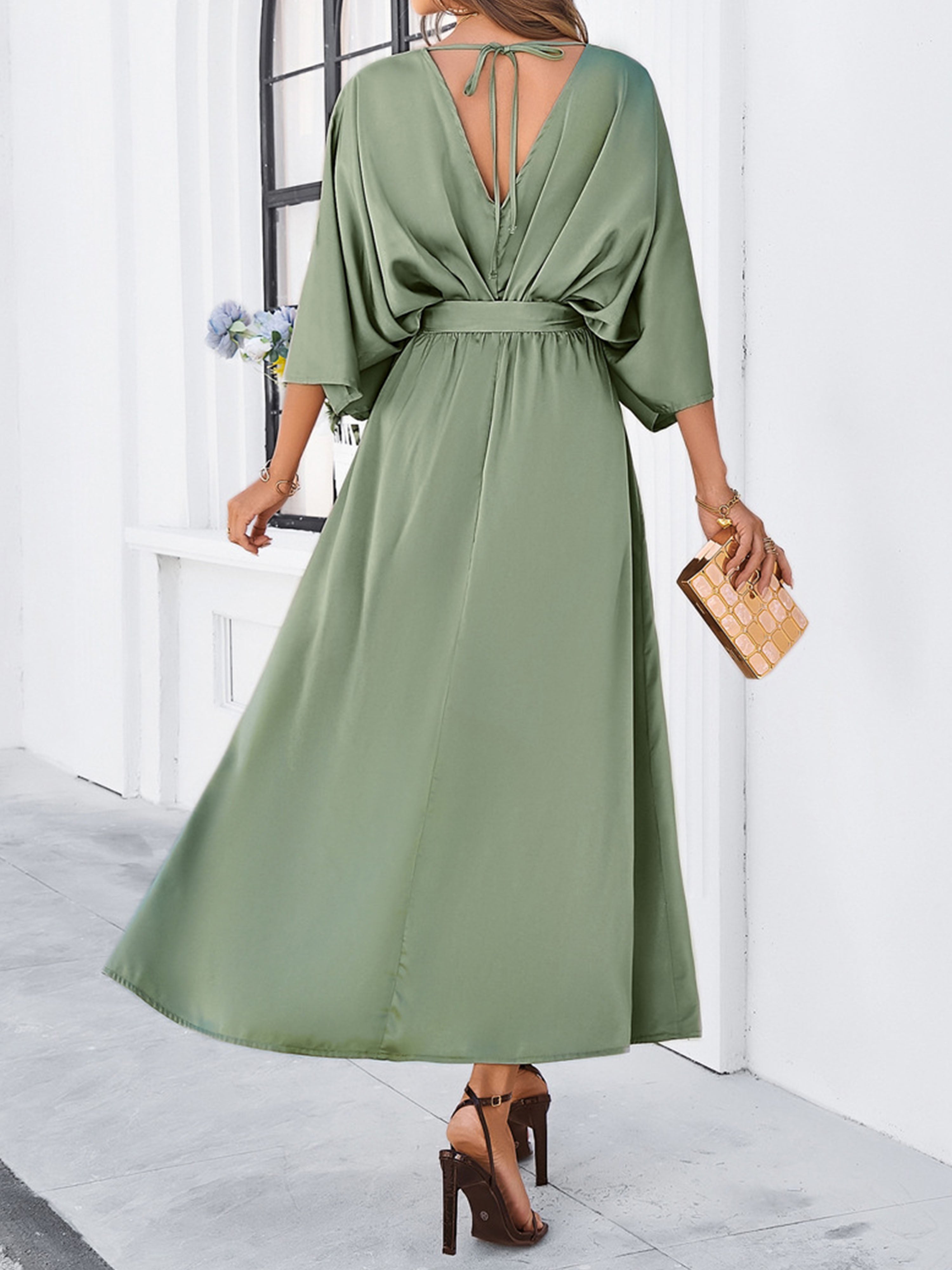 Elegant Dusty Sage V-Neck Sleeves Split Wedding Guest Dress With Belt