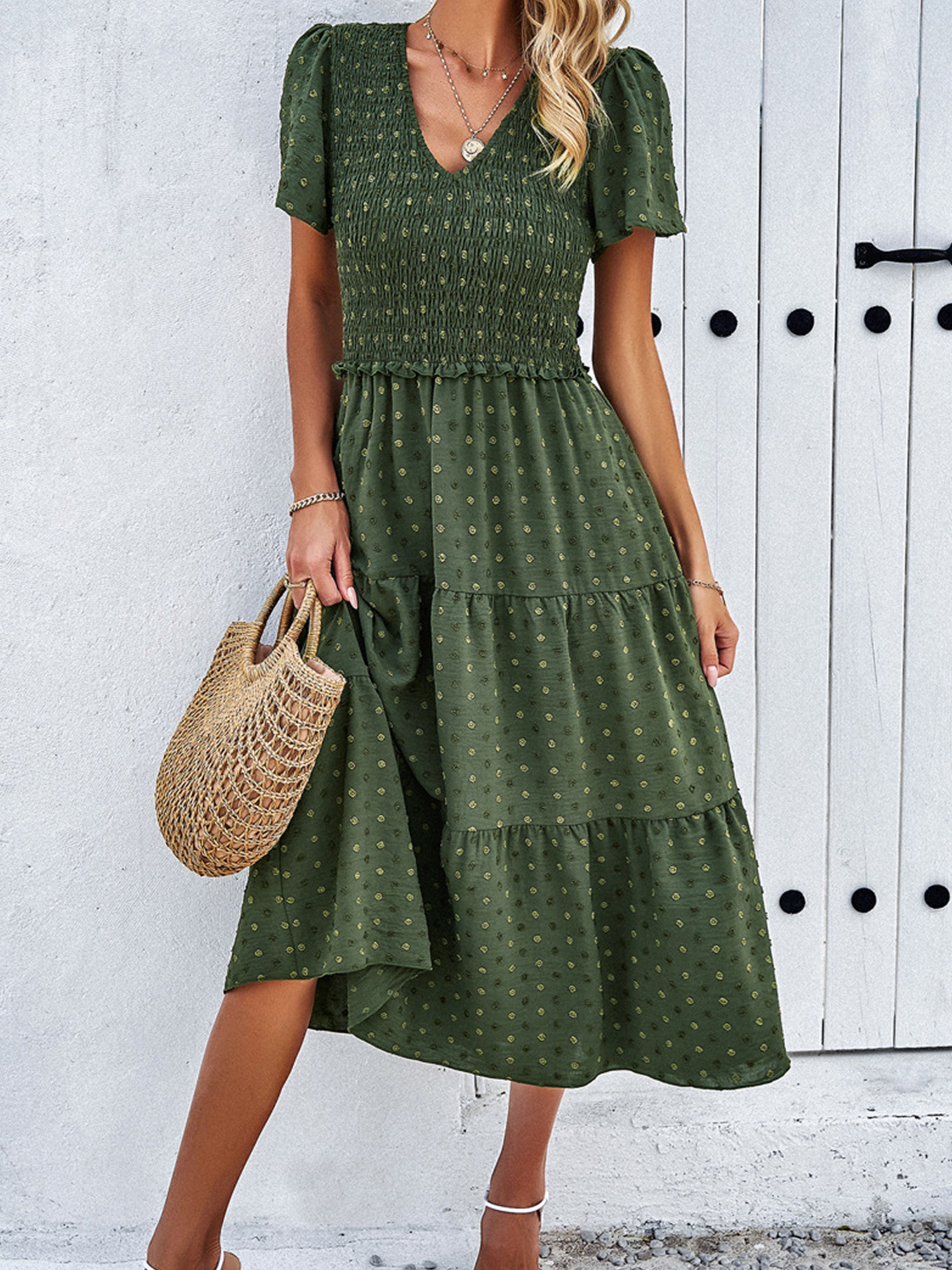 Casual Polka Dot V-Neck Short Sleeves Dark Olive Green Wedding Guest Dress