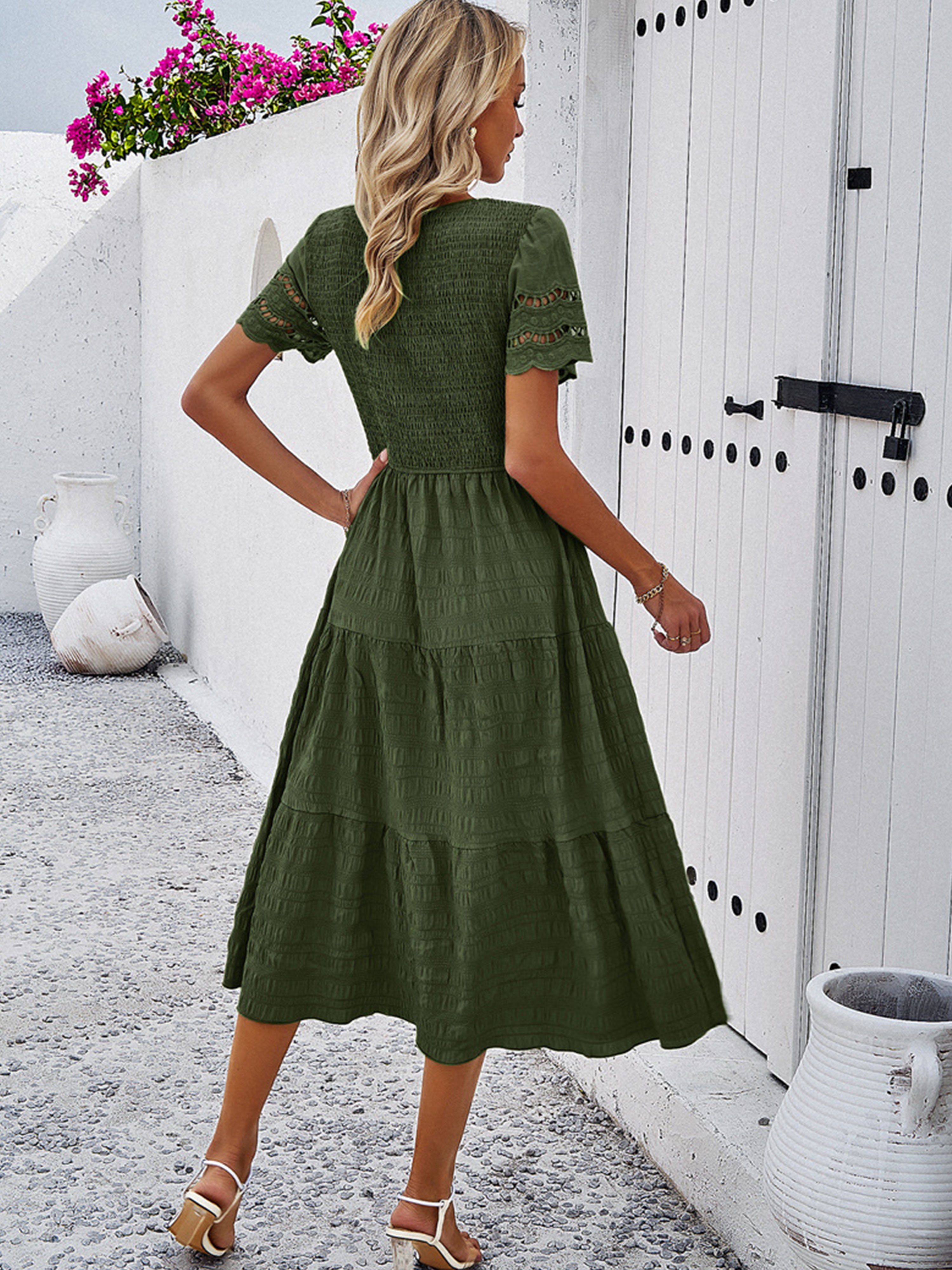 Dark Olive Green Solid Color A Line Round Neck Sleeves Wedding Guest Dress