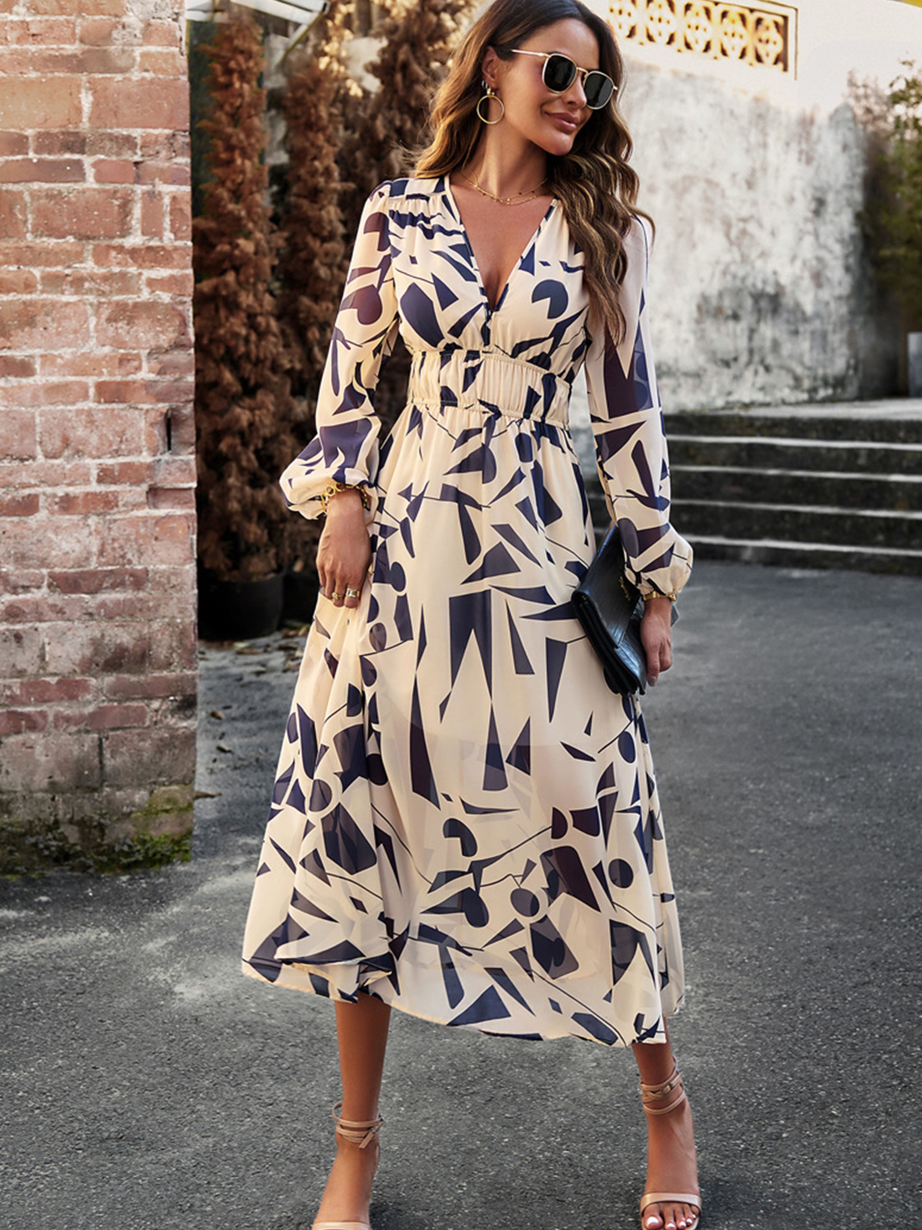 V Neck A Line Long Sleeves Casual Printed Apricot Wedding Guest Dress