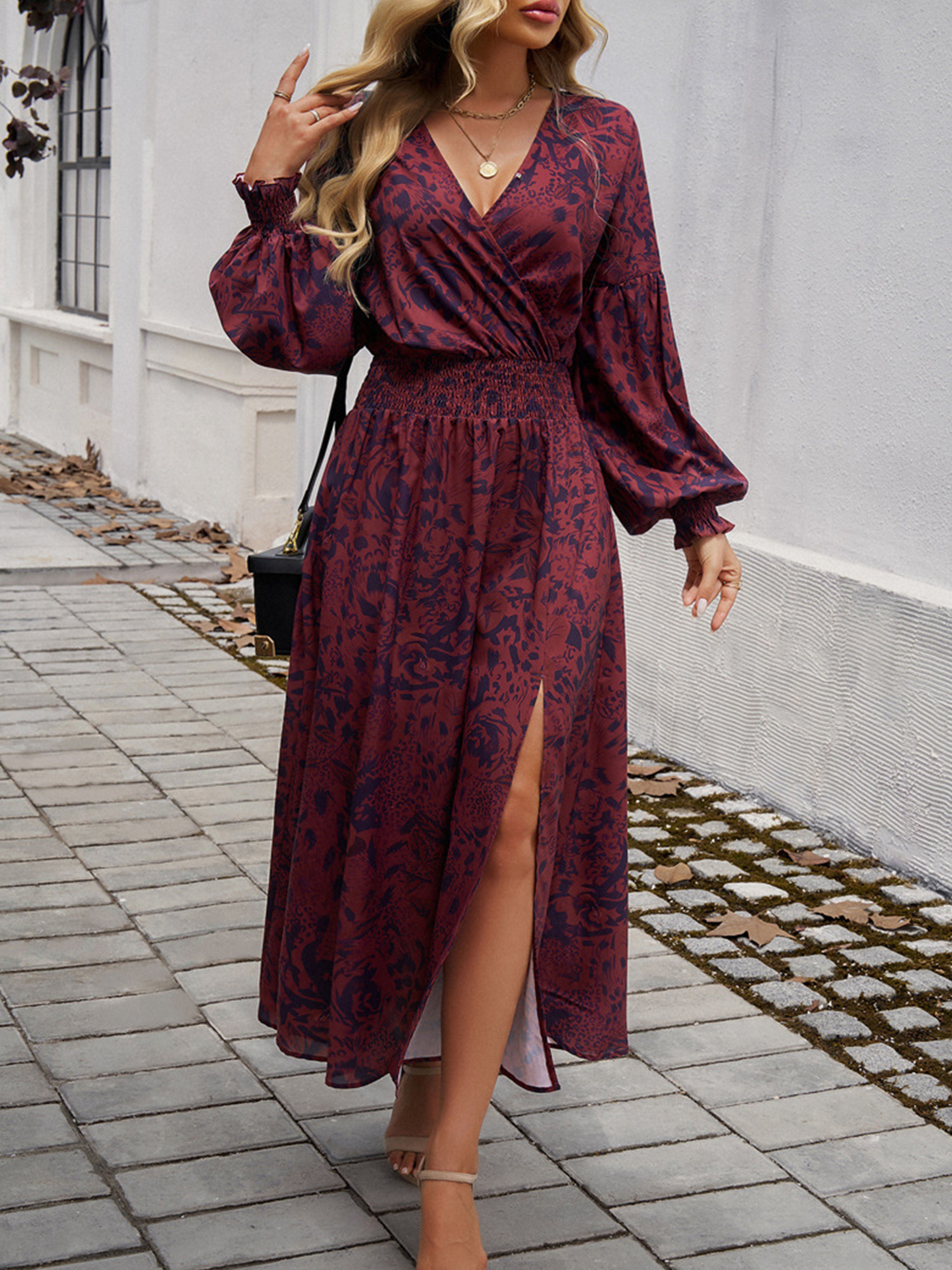 Empire Waist V Neck Long Sleeves Cabernet Wedding Guest Dress With Split