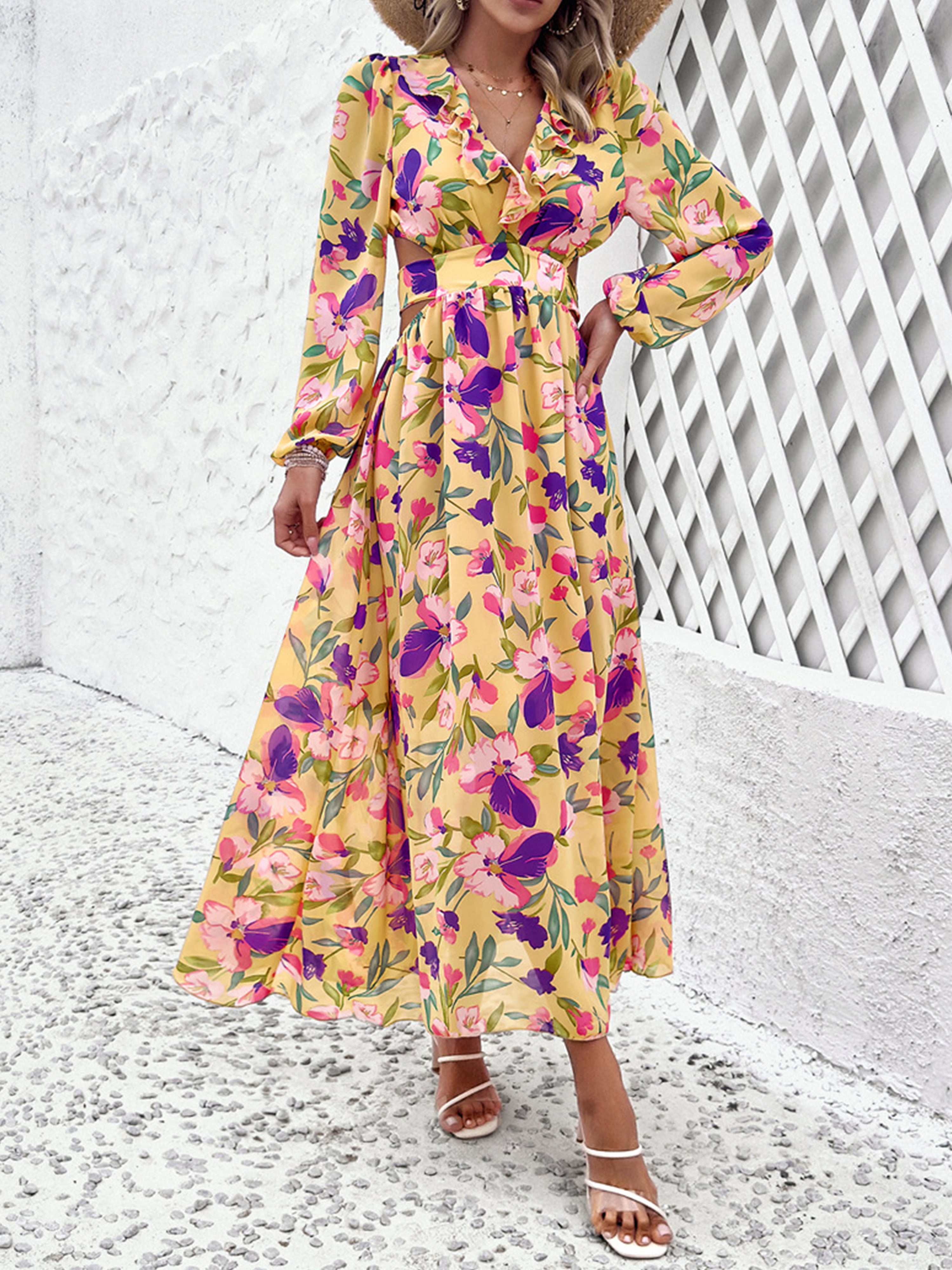 Floral V-Neck Gold Long Sleeves A Line Wedding Guest Dress