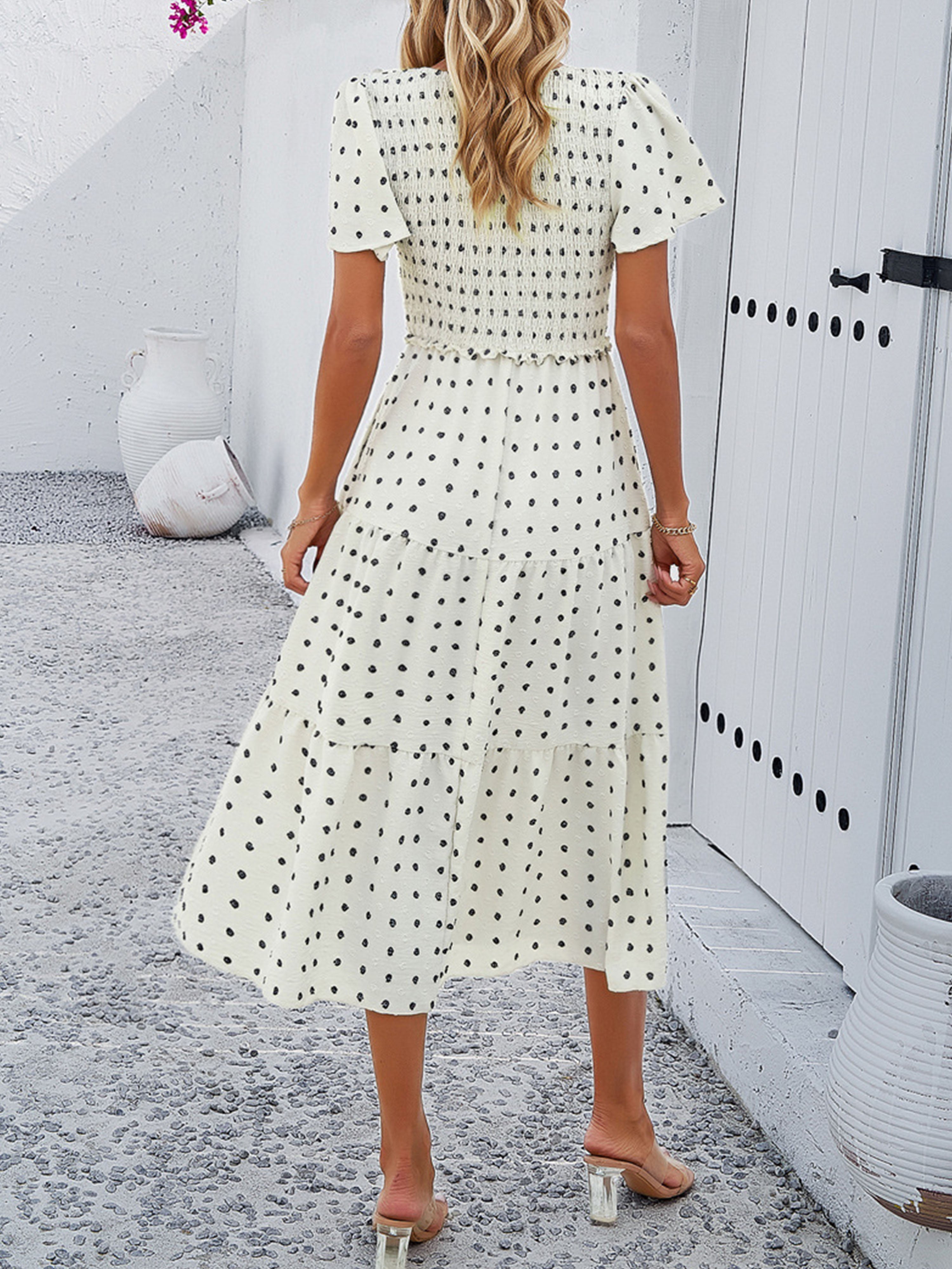 Casual Polka Dot V-Neck Short Sleeves White Wedding Guest Dress