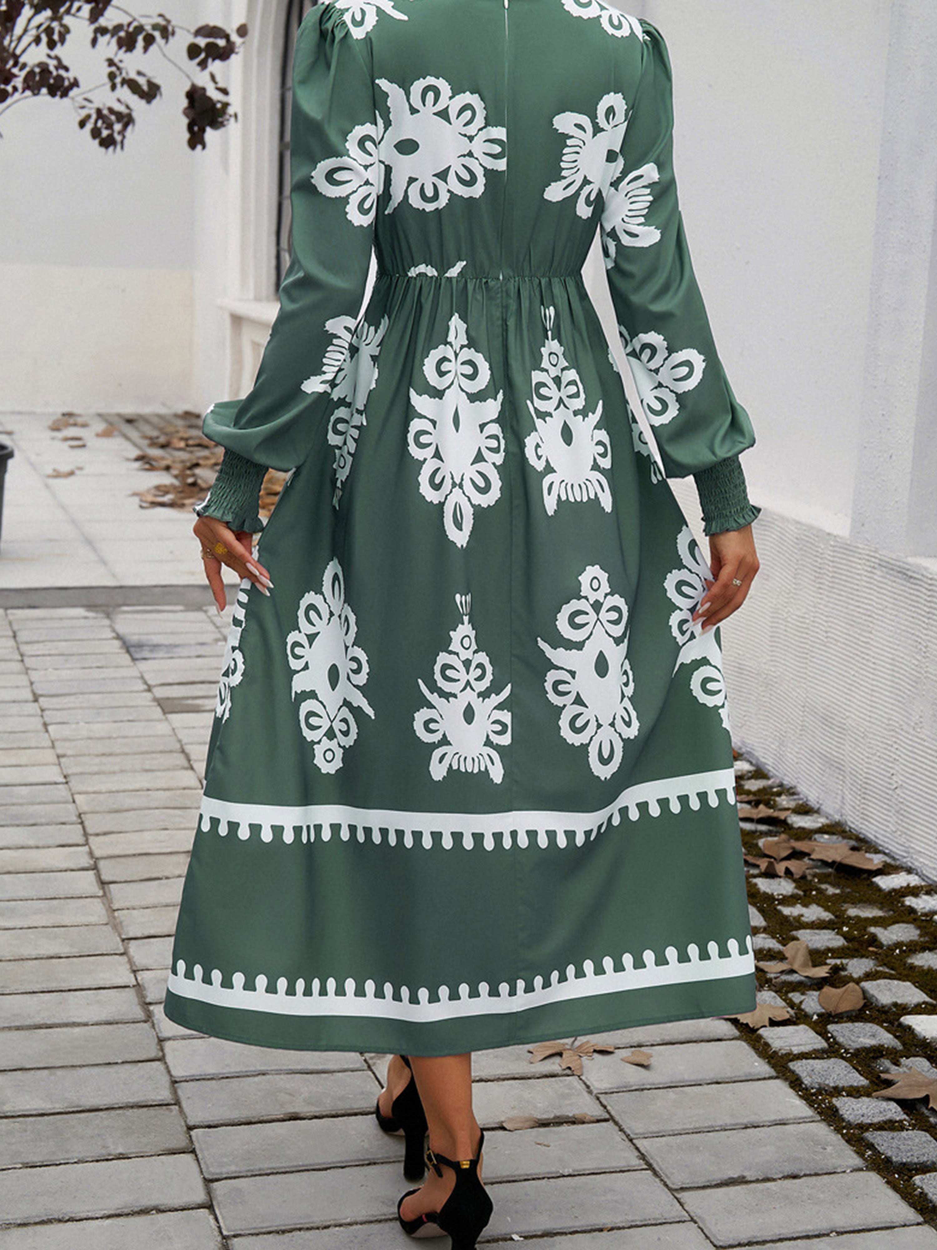 Dark Green Color Blocking Empire Waist Long Sleeves V Neck Wedding Guest Dress