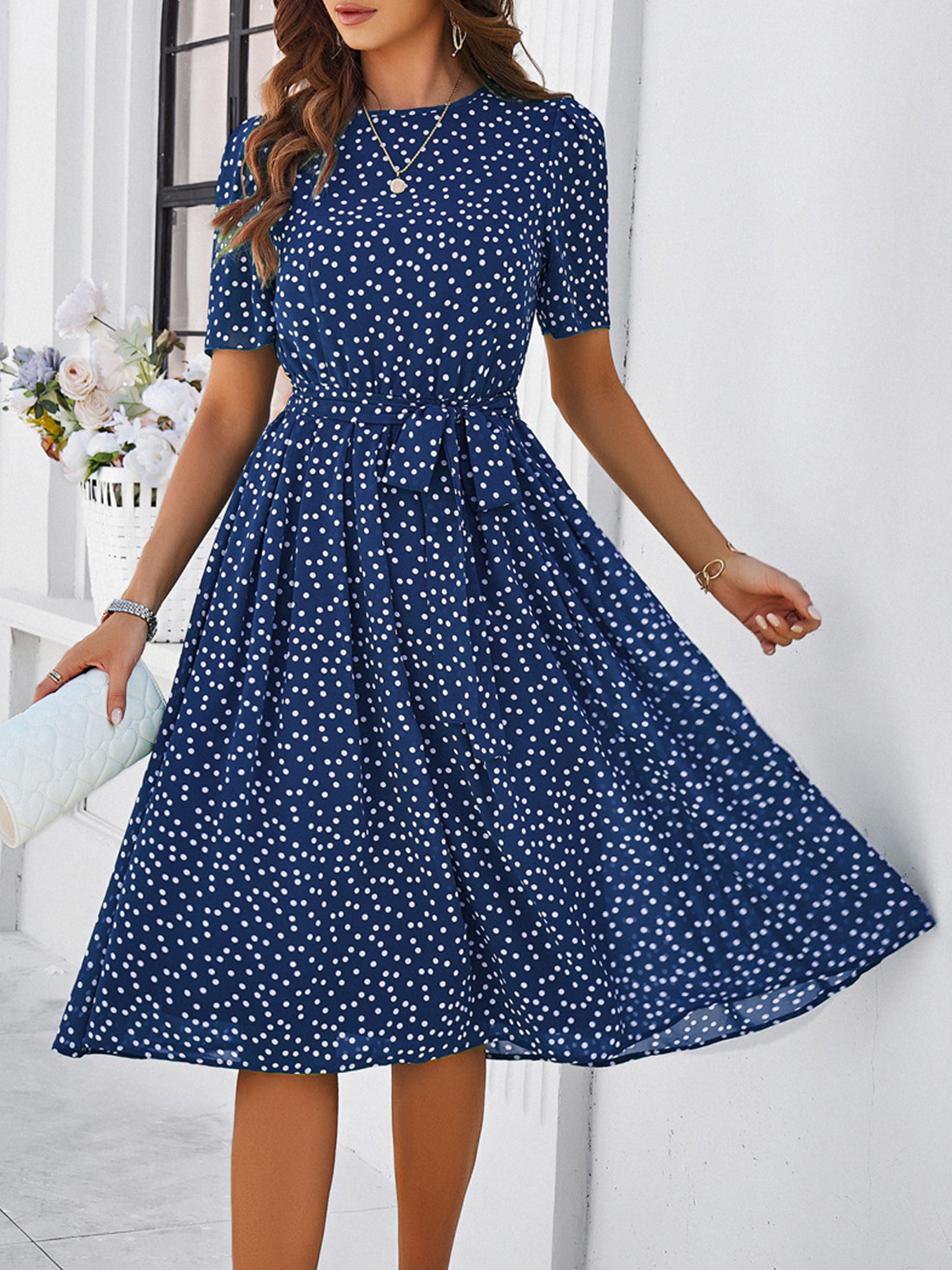 Casual Polka Dot Cowl Short Sleeves Dark Navy Wedding Guest Dress With Belt